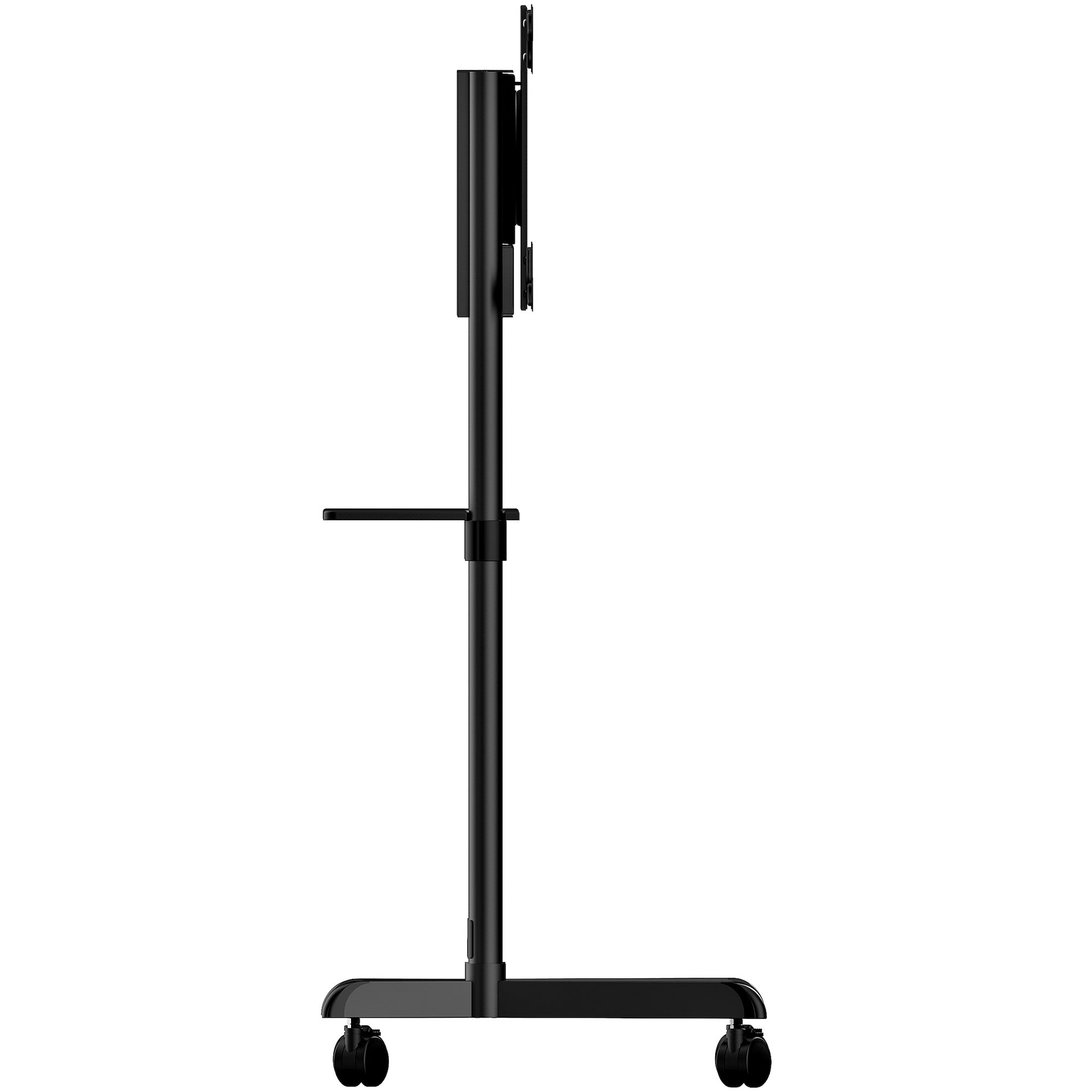 Soporte de TV negro, vista lateral, con estante y ruedas, fondo blanco.