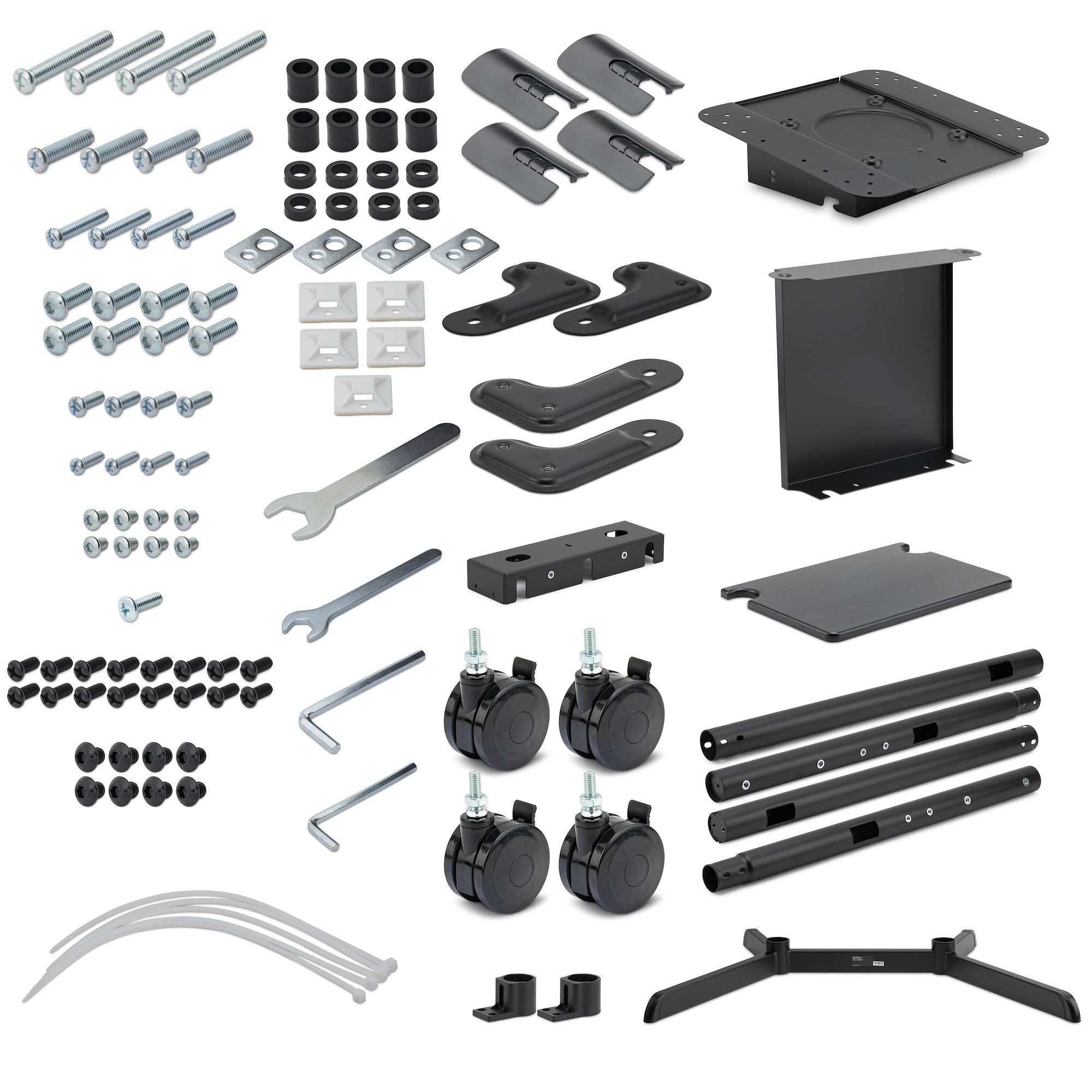 Surtido de hardware: tornillos, espaciadores, soportes, ruedas y herramientas.