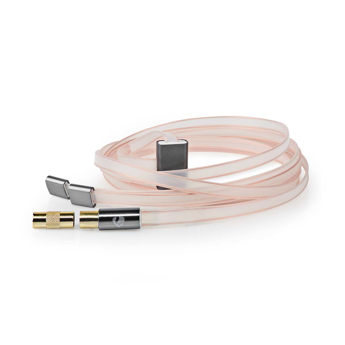 Rosafarbenes Kabel mit metallischen Anschlüssen und einem kleinen grauen Modul.