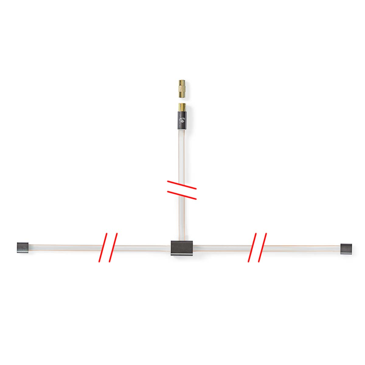 Weißes Kabel in T-Form. Das Kabel hat rote Linien, die es kreuzen, und goldene Teile oben.