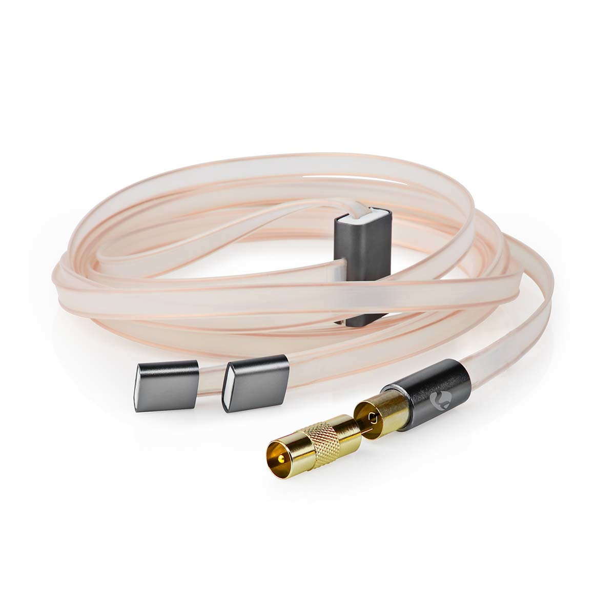 Ein klares, aufgerolltes Kabel mit schwarzen Steckern.