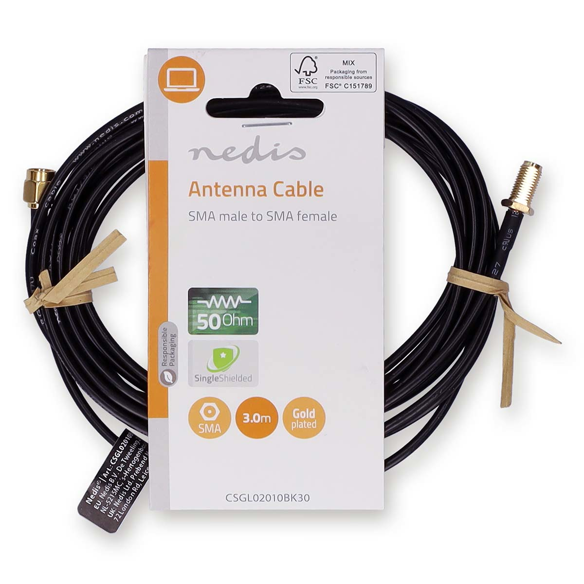Opakowanie kabla antenowego pokazujące kabel, złącza i schemat okablowania.