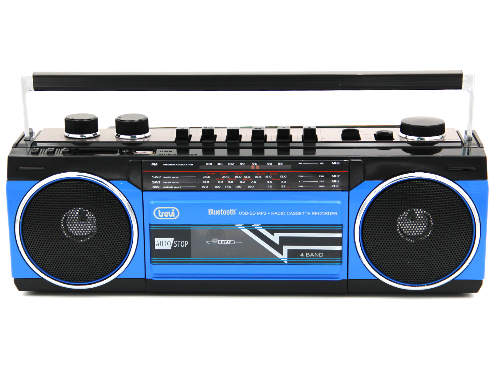 Niebiesko-czarny boombox z głośnikami, przyciskami i uchwytem.