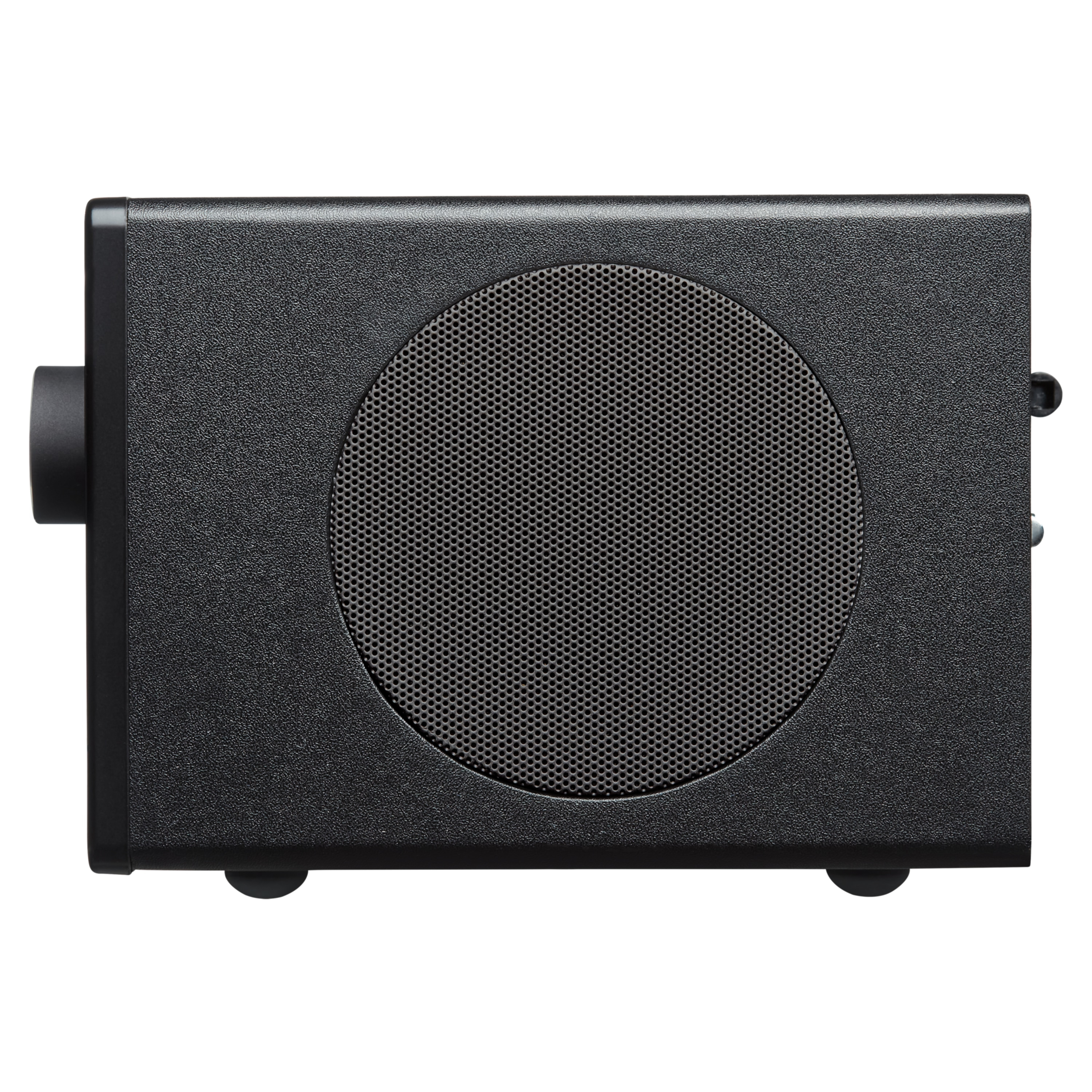 Czarny głośnik z siatkowym przodem i pokrętłem z boku, na białym tle.