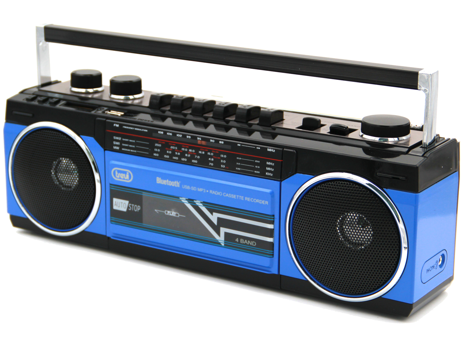 Niebiesko-czarne radio boombox w stylu retro.