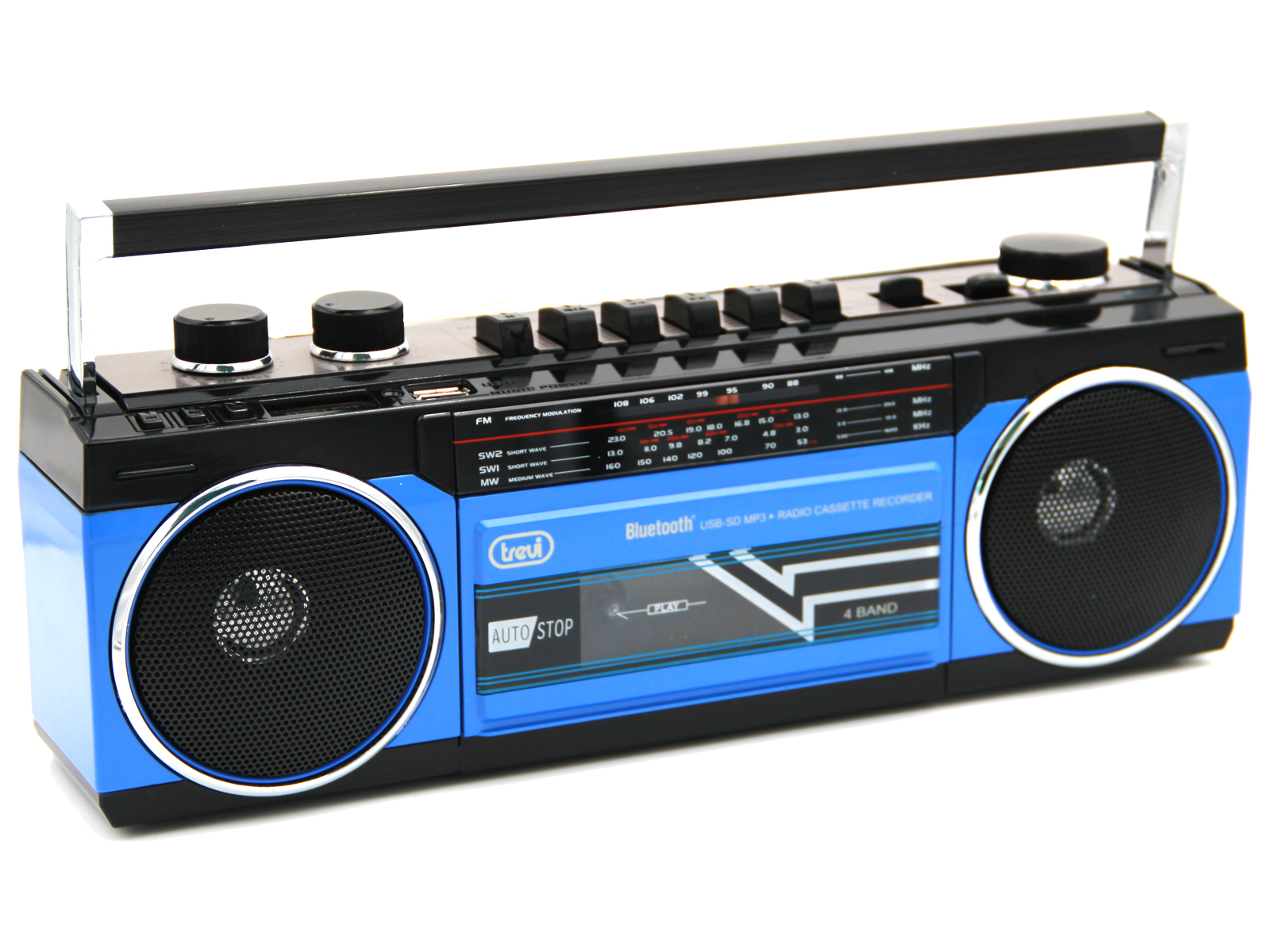 Niebiesko-czarny retro boombox z głośnikami, pokrętłami i uchwytem na białym tle.