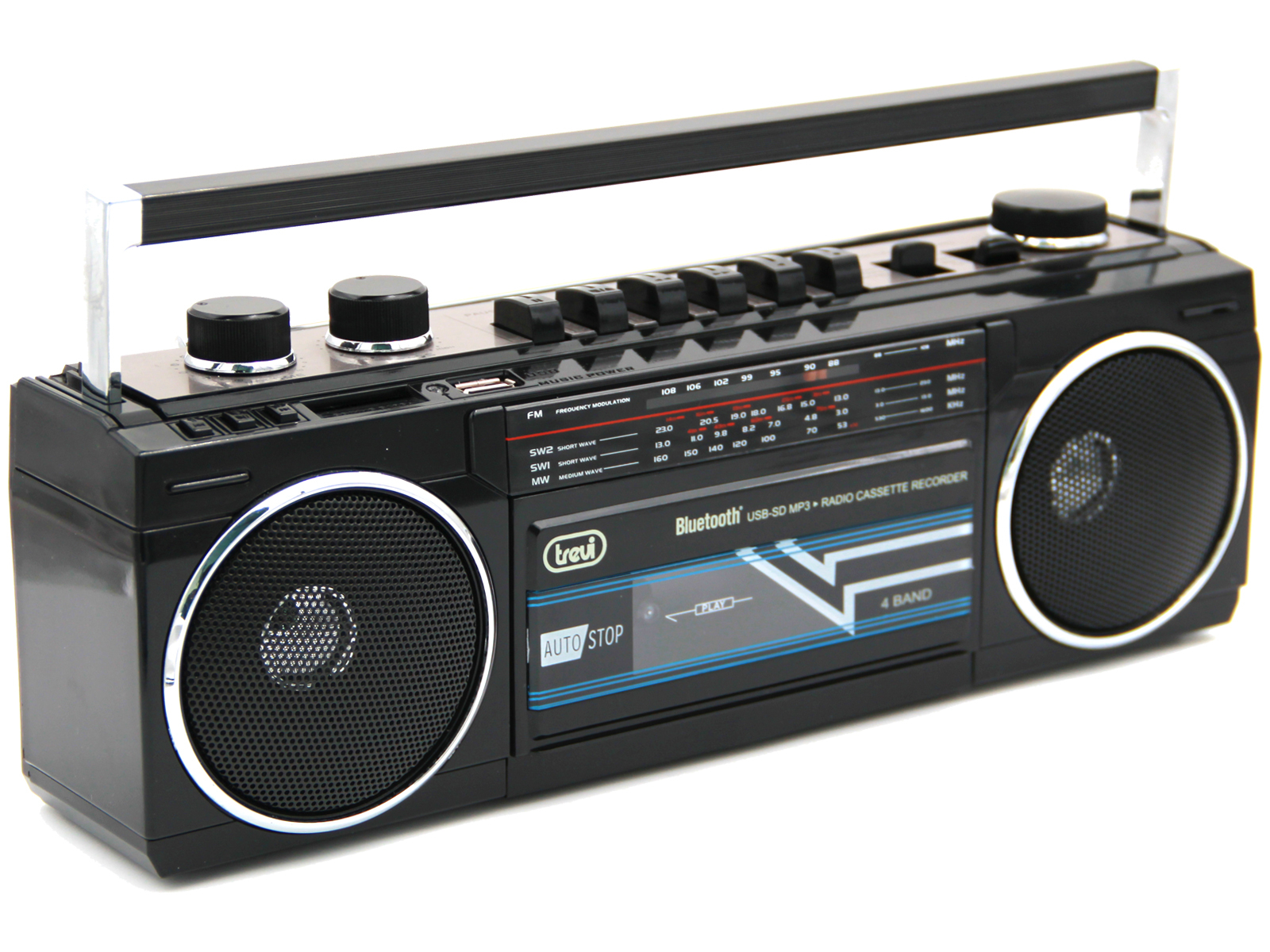 Czarny boombox stereo. Posiada głośniki, przyciski i uchwyt. Białe tło.