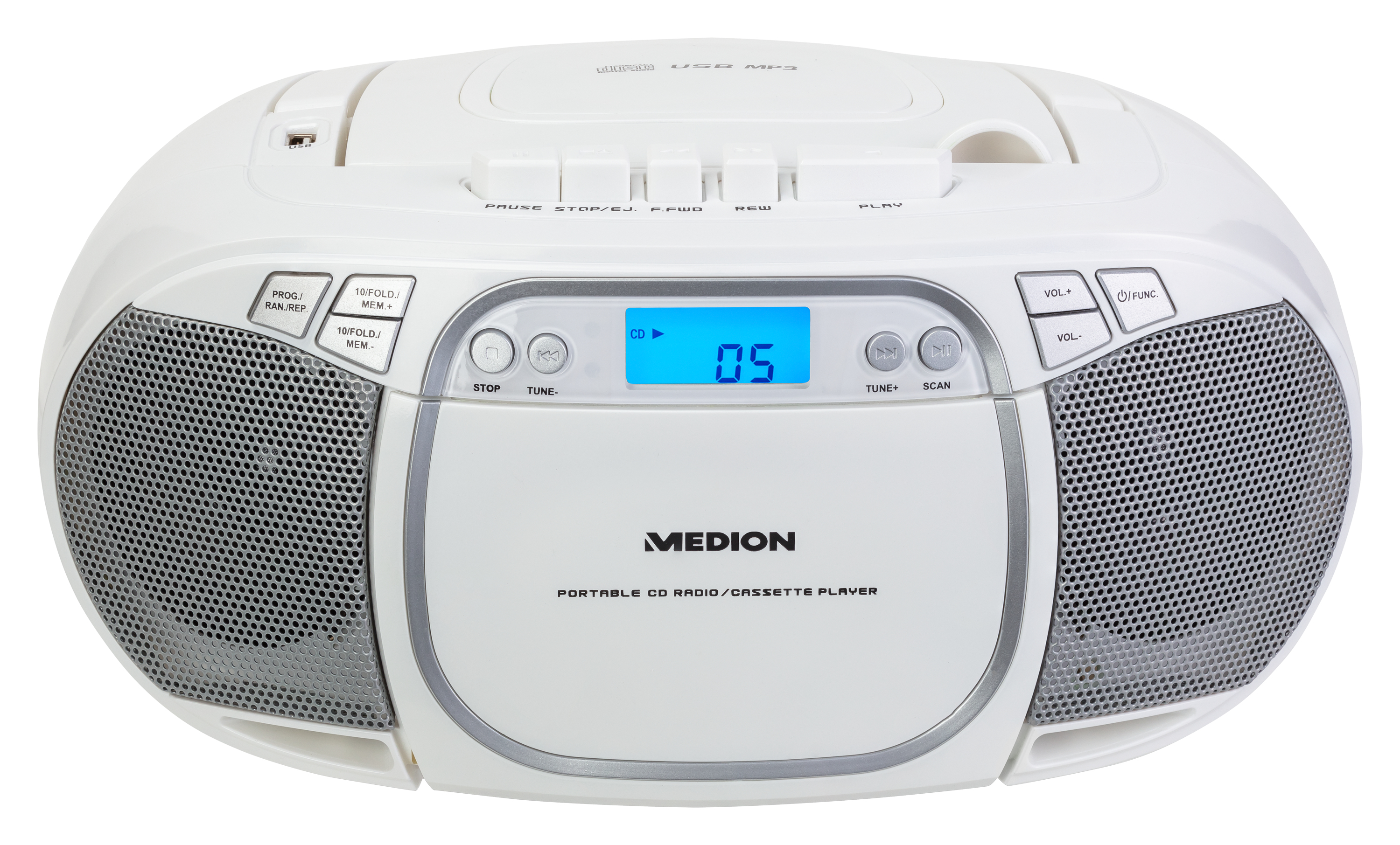 Weißer tragbarer CD-Radio/Kassetten-Player mit Knöpfen, Lautsprechern und Bildschirm.