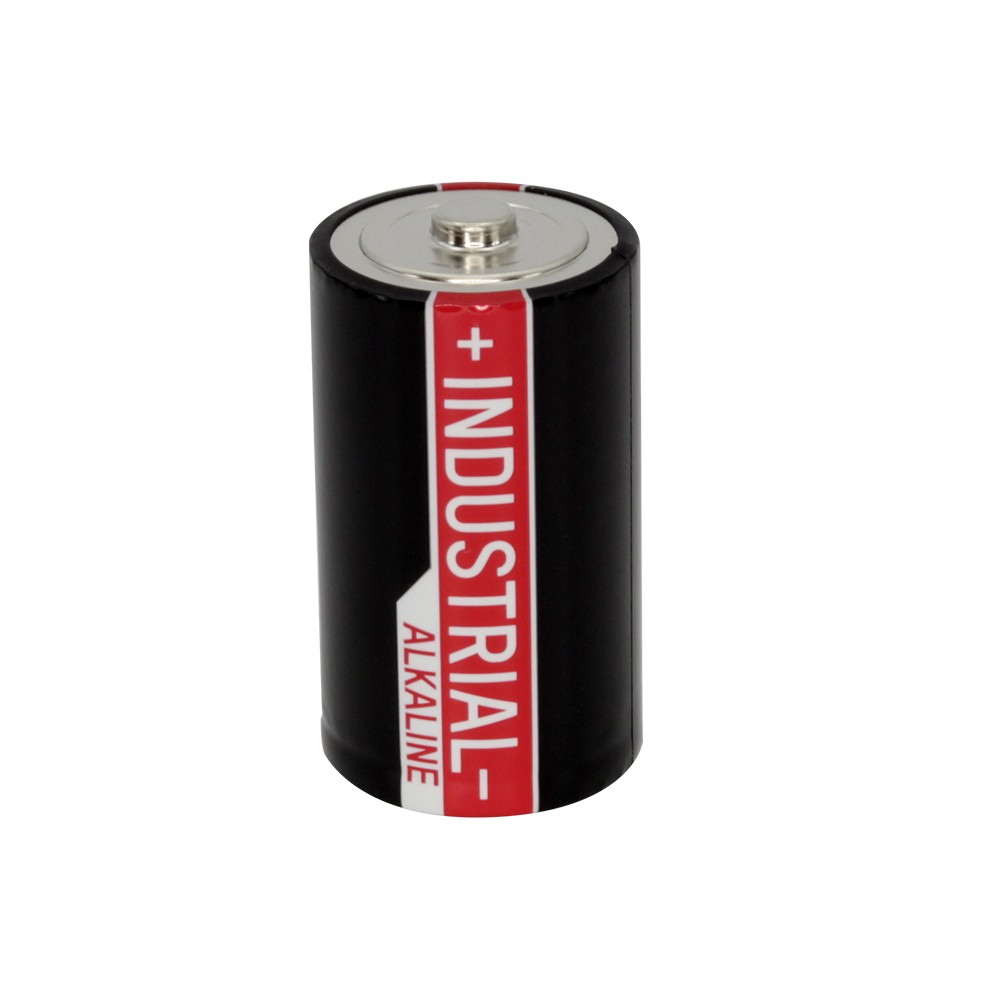 Eine schwarze industrielle Alkalibatterie mit rotem und weißem Etikett.