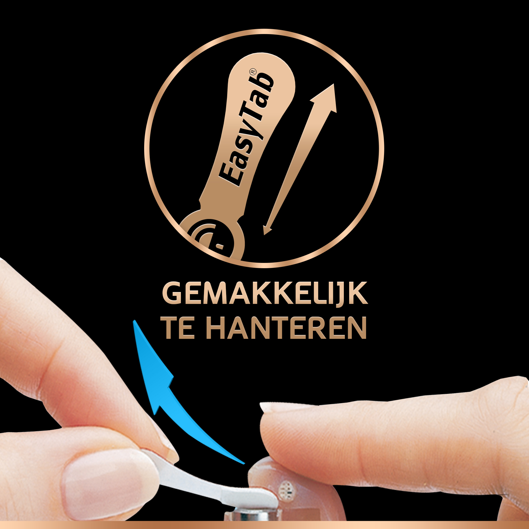 Dłonie trzymające słuchawkę, ze strzałką wskazującą na łatwy w obsłudze uchwyt.