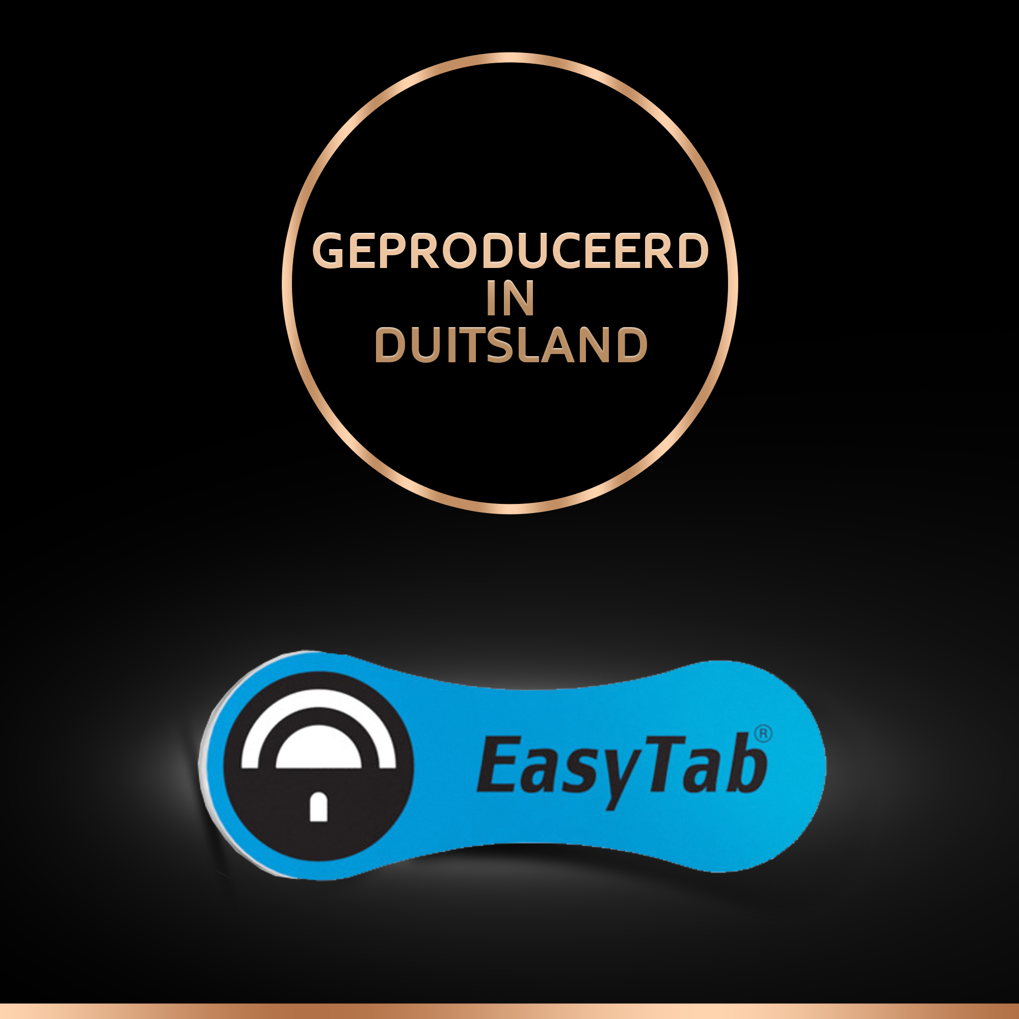 Czarno-niebieskie logo EasyTab z tekstem 'GEPRODUCEERD IN DUITSLAND' w złotym okręgu.