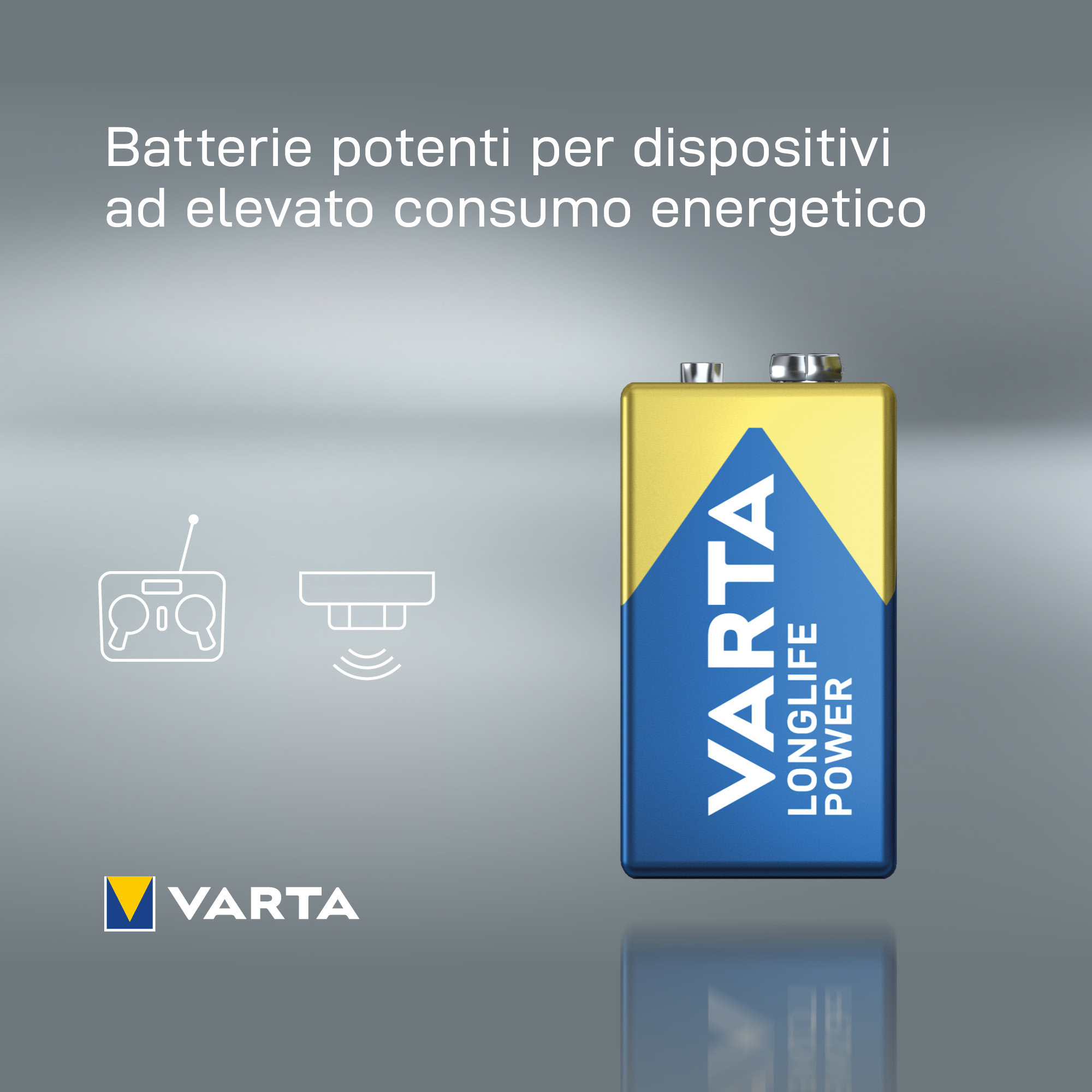 Gelb-blaue Varta Longlife Power Batterie mit weißem Hintergrund.