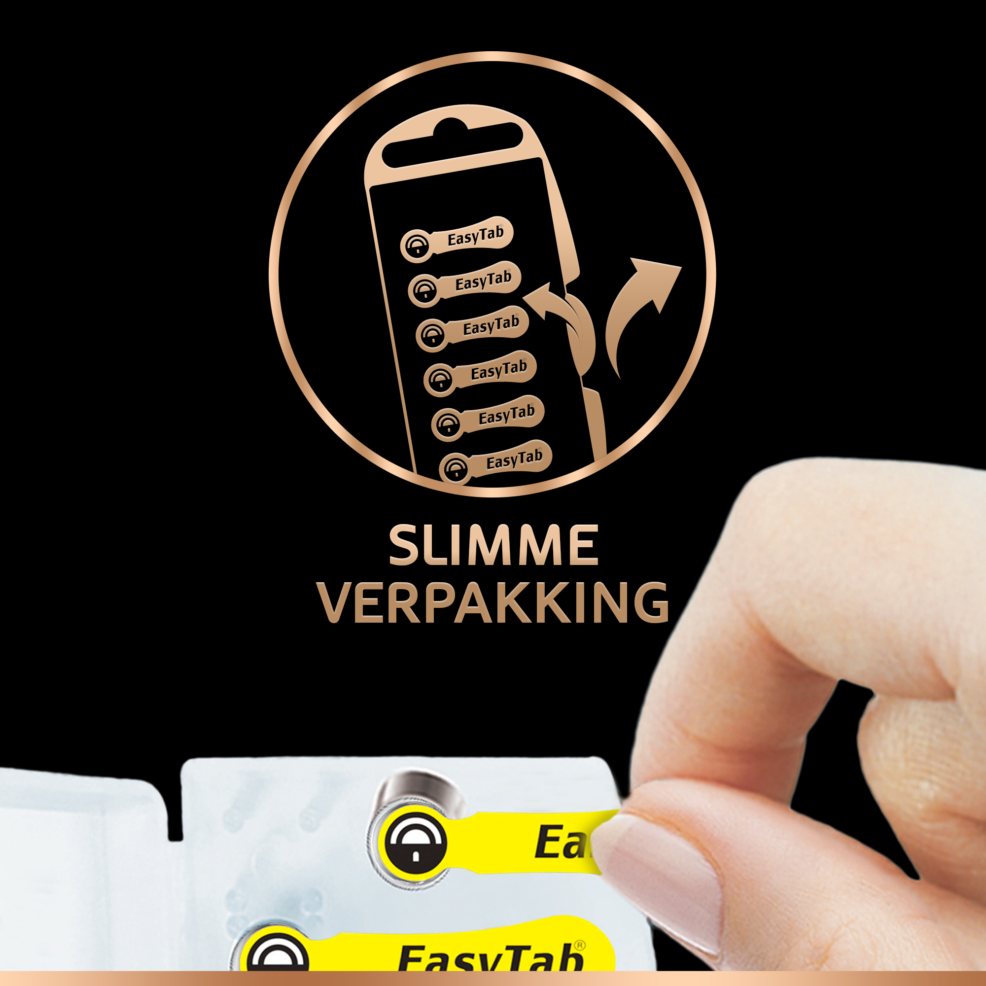 Zbliżenie dłoni wyciągającej żółty pasek EasyTab z opakowania, czarne tło.