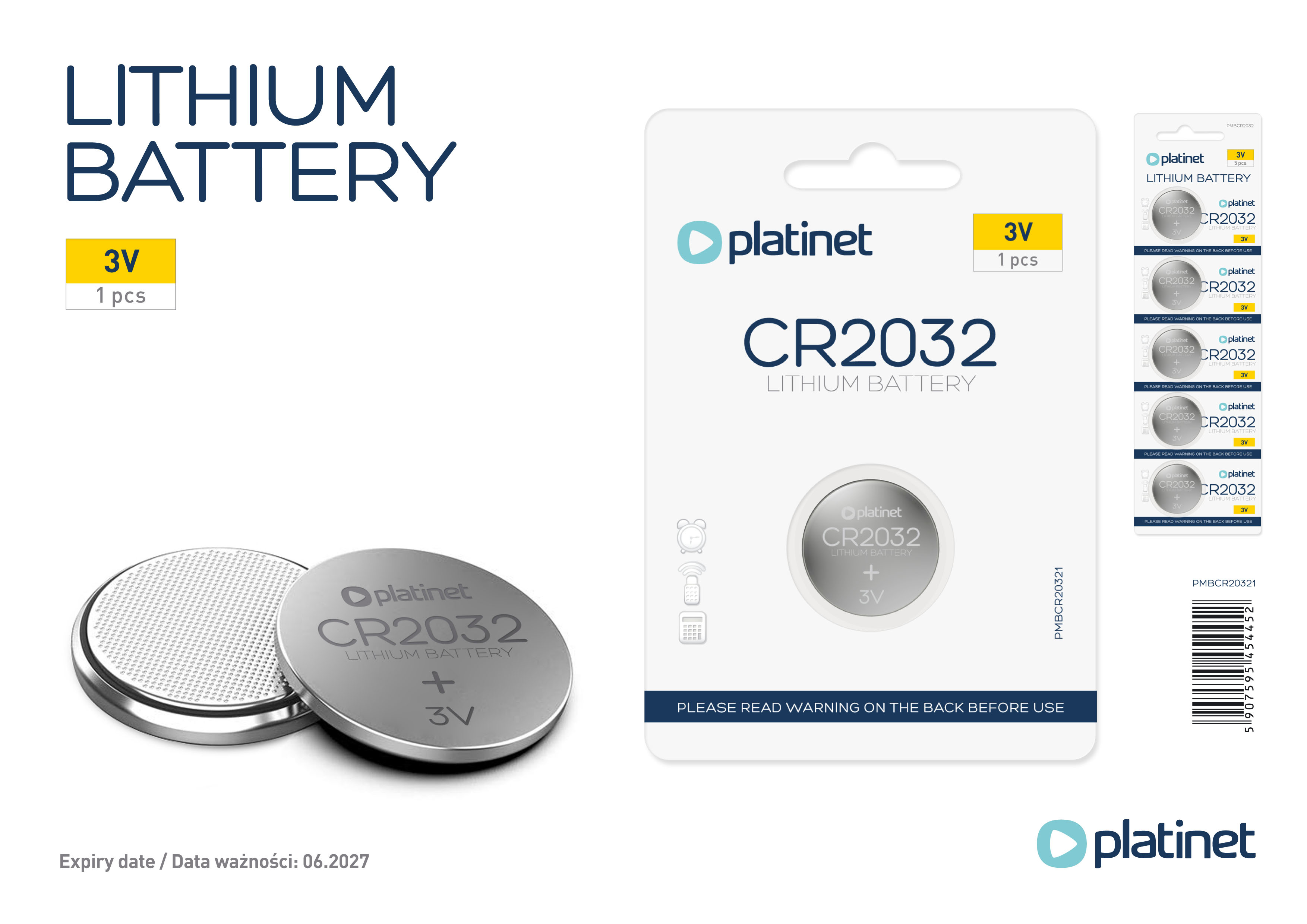 Confezione di batterie al litio con batteria, con 'CR2032' e '3V'.