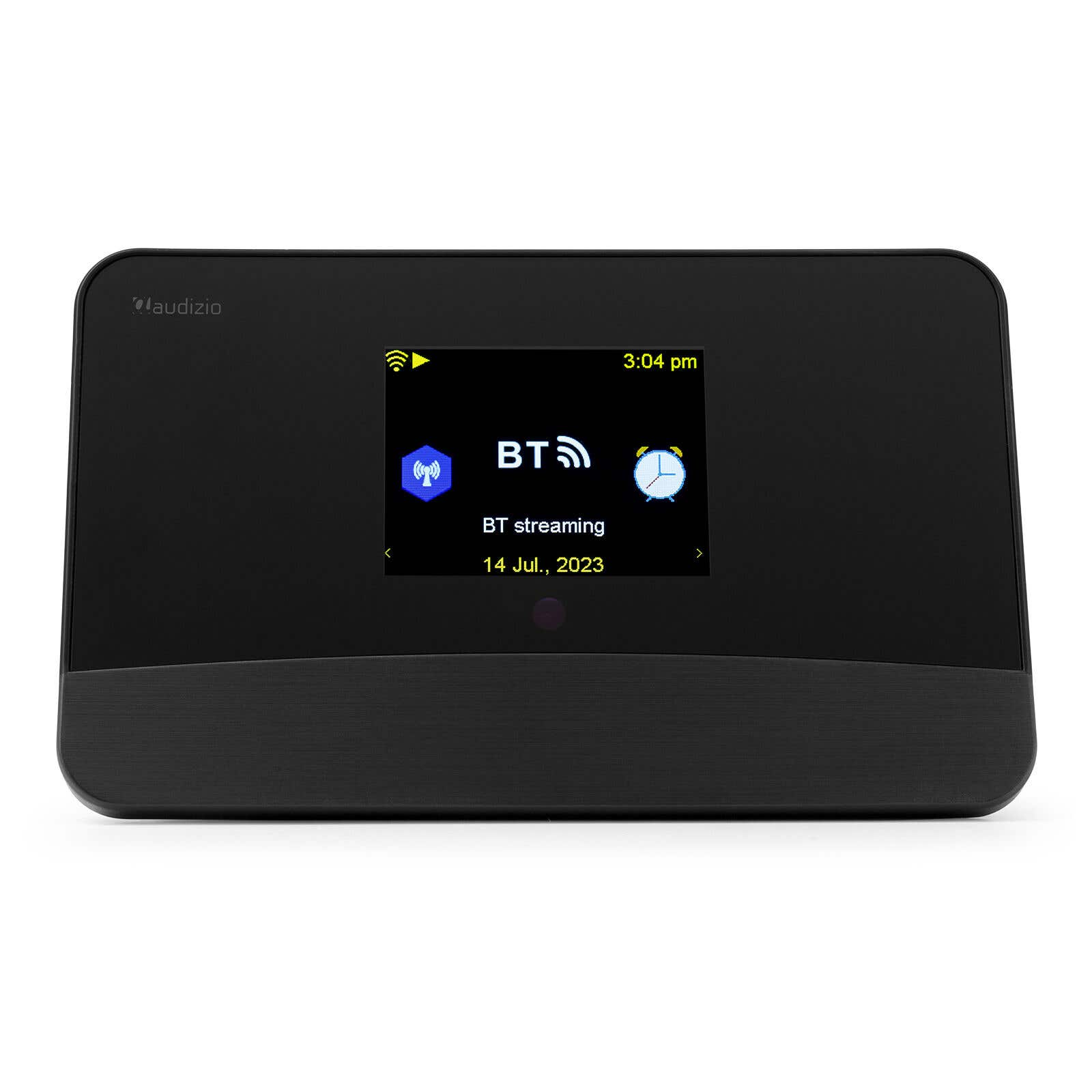 Dispositivo negro que muestra una pantalla con hora, icono de transmisión BT y fecha. La marca es 'audizio'.