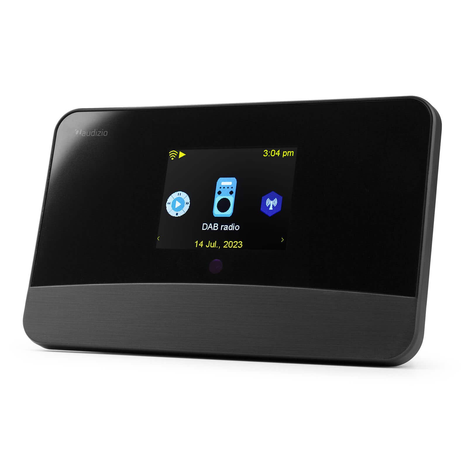 Una radio digital negra con una pantalla que muestra la hora y la radio DAB.