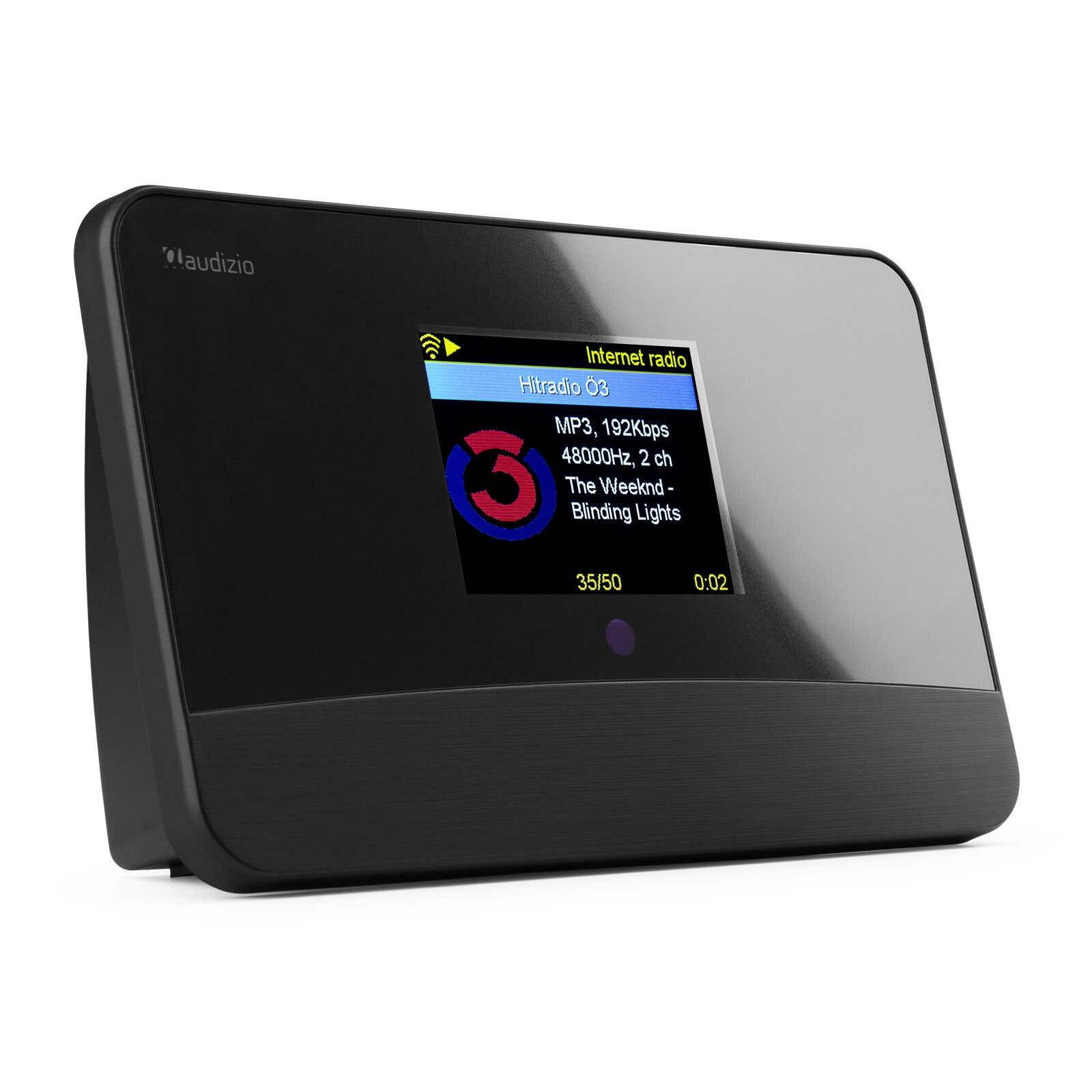 Radio por Internet negra con pantalla a color que muestra una emisora y sus detalles.