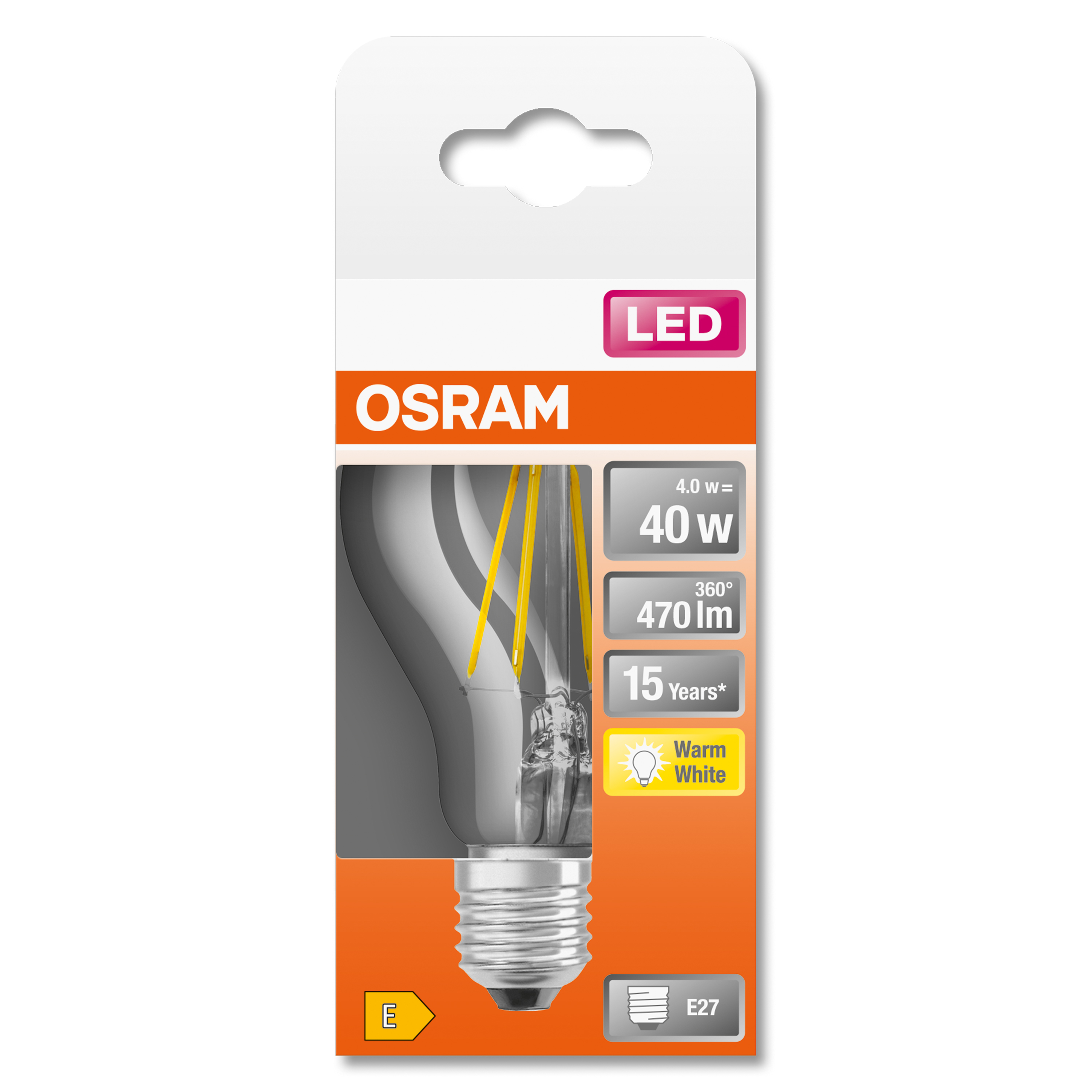 LED-Glühbirne in Verpackung mit Text und dem OSRAM-Logo.