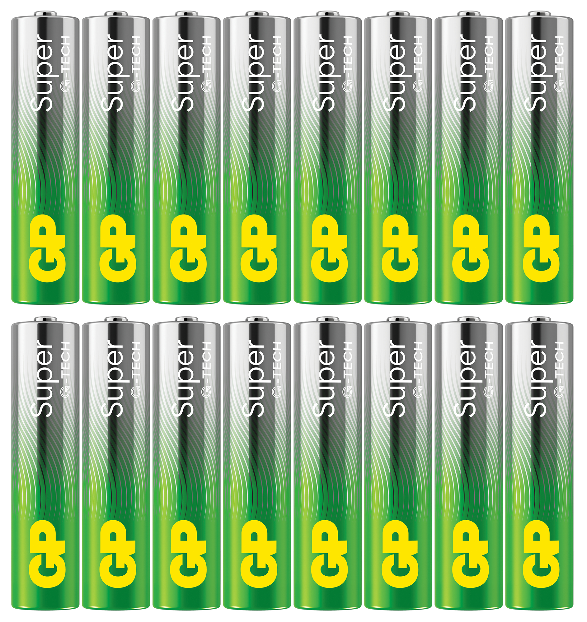 Sedici batterie, verdi e argentate.