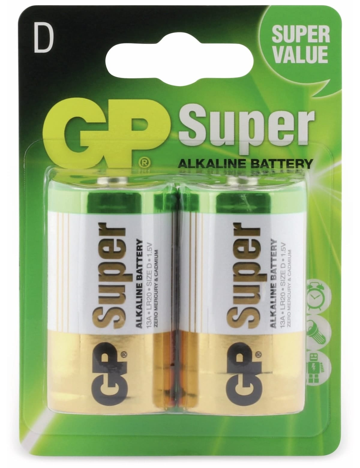 Due pile GP Super formato D in blister verde e trasparente.