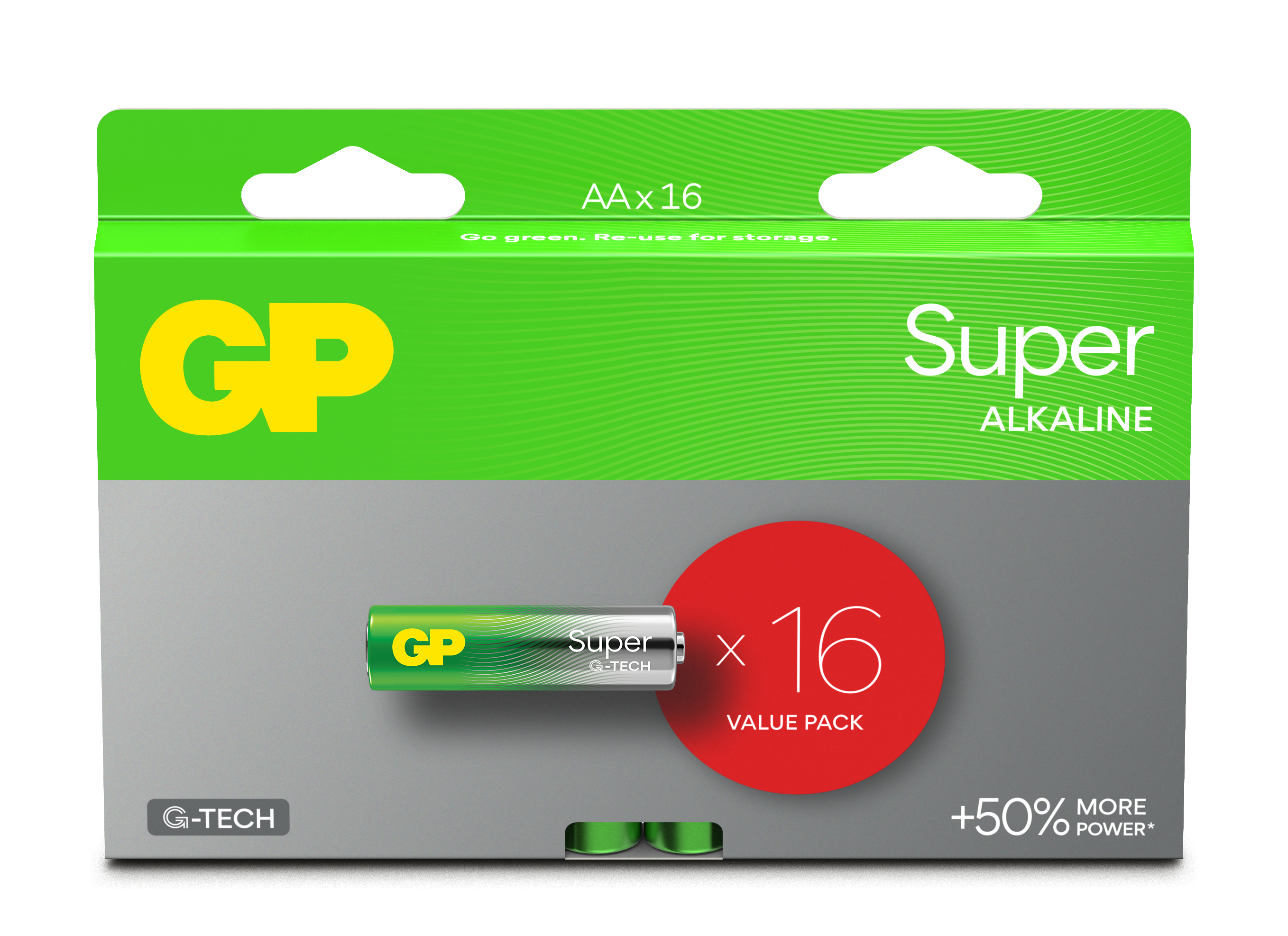 Confezione verde e grigia di batterie GP Super AA. Mostra 16 batterie, +50% di potenza in più.