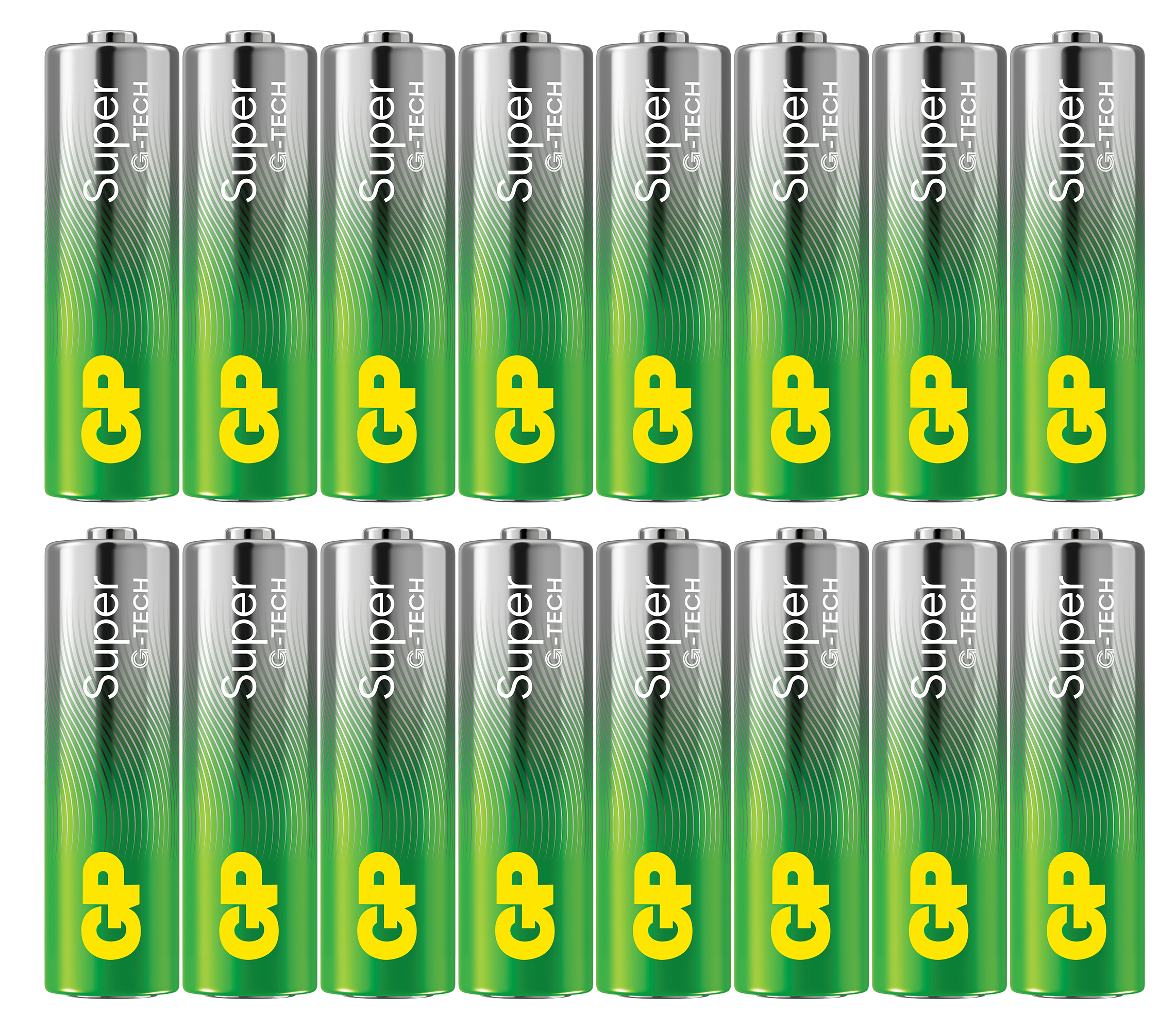 Sedici batterie GP Super G-TECH AA. Cilindri verdi e argentati con logo GP giallo.