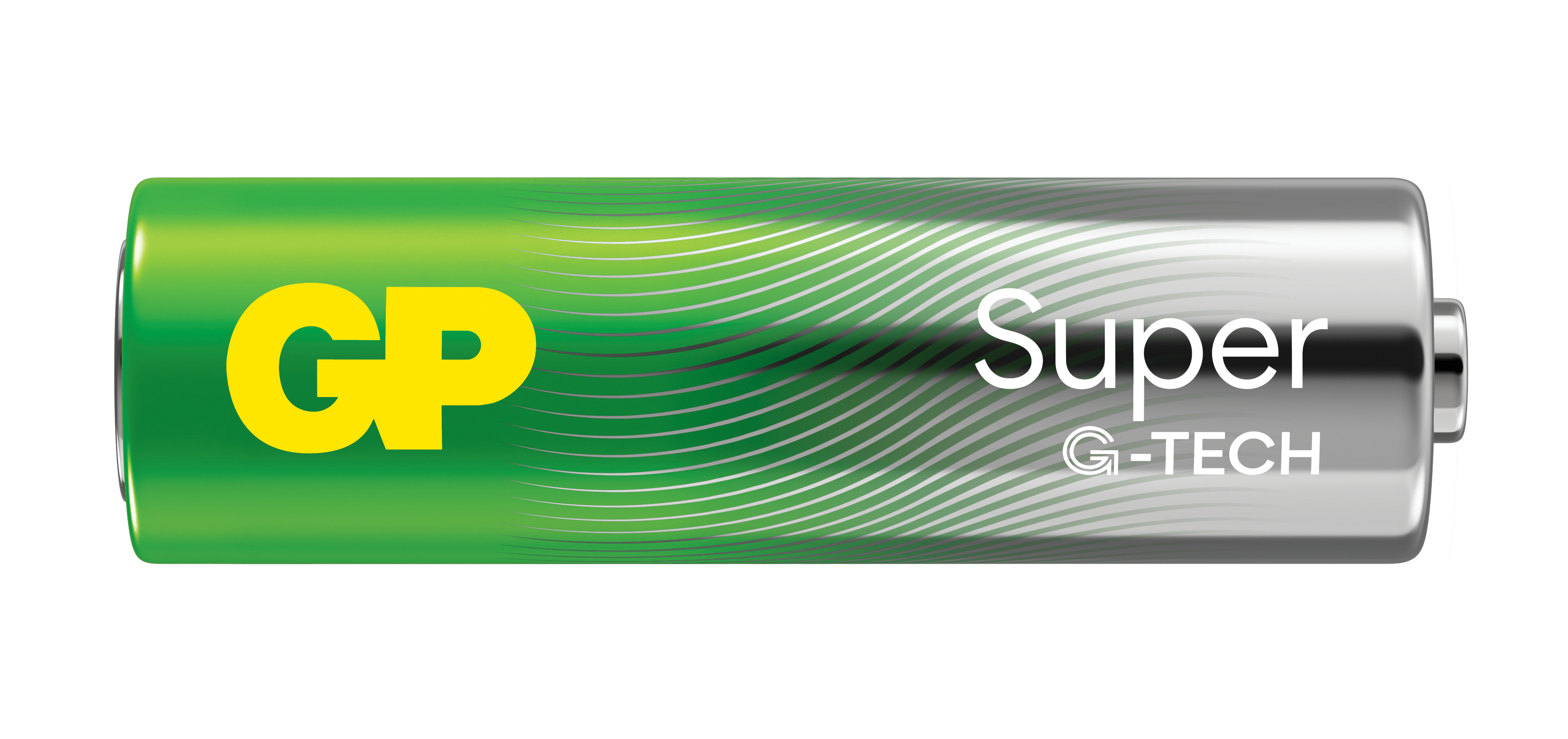 Pojedyncza bateria GP Super G-TECH AA. Zielona i srebrna, z żółtym logo GP.