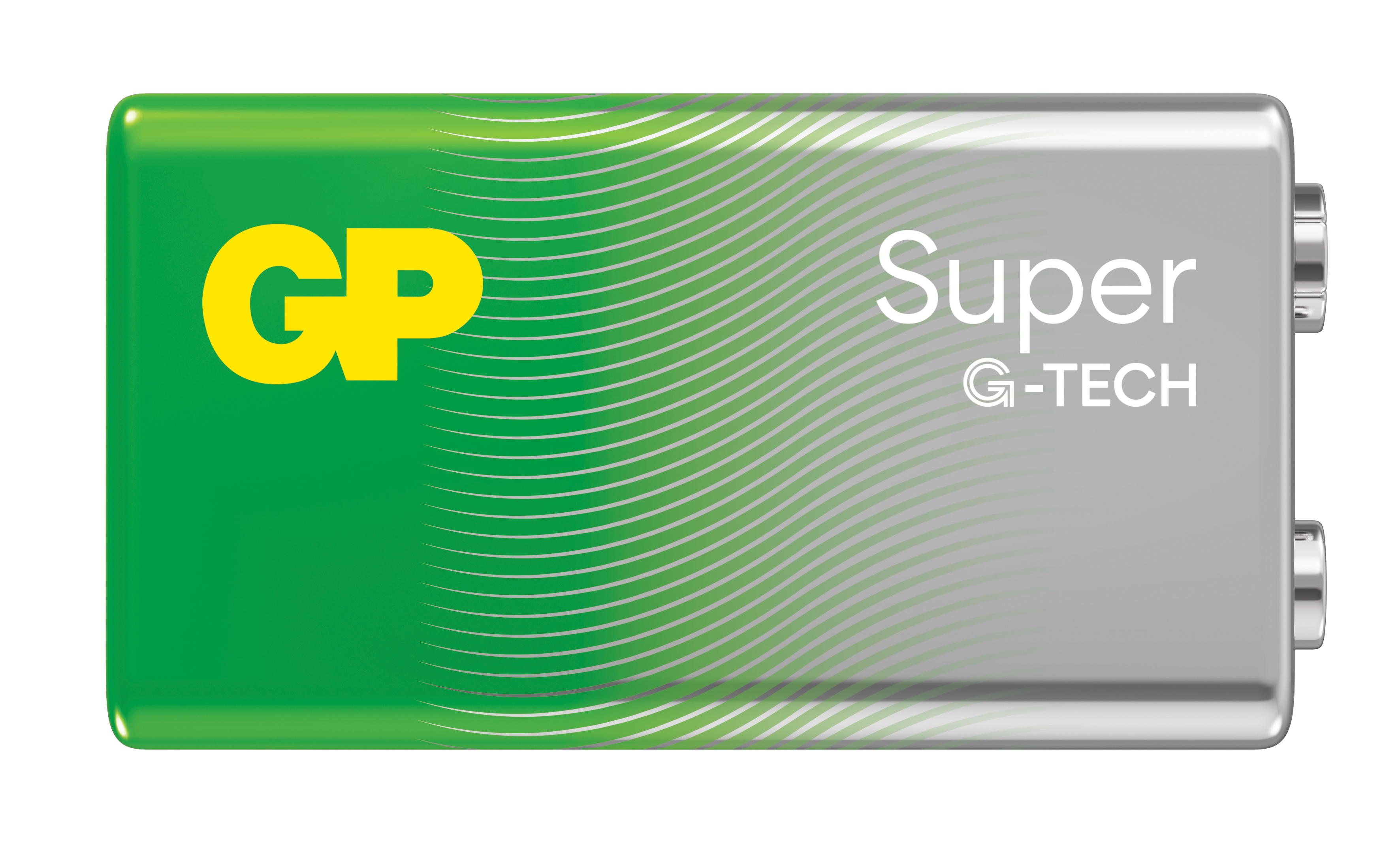 Eine GP Super G-TECH 9V-Batterie. Grün und silber, mit gelbem GP-Logo.
