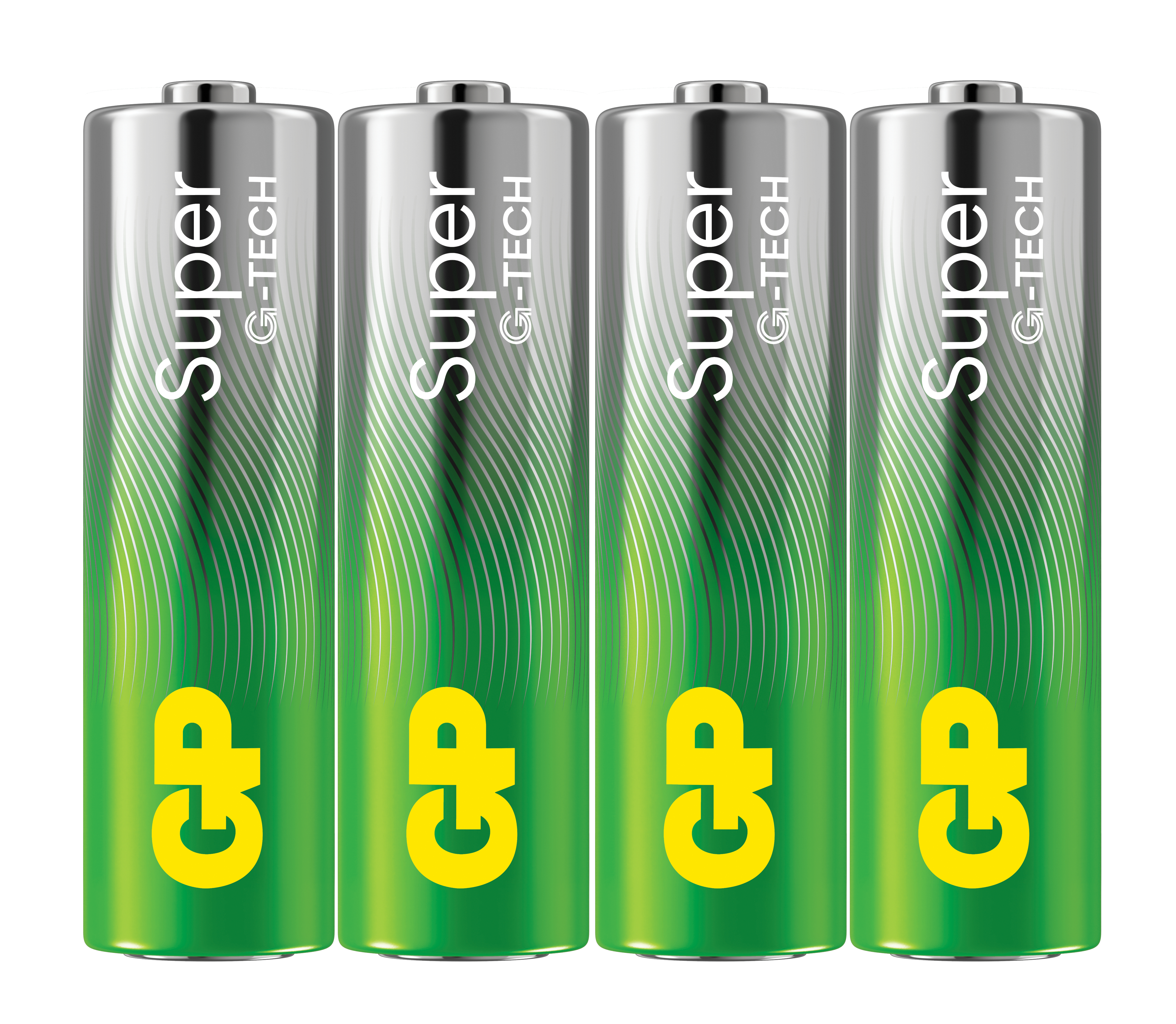 Vier GP Super G-TECH AA-Batterien. Grüne und silberne Zylinder mit gelbem GP-Logo.