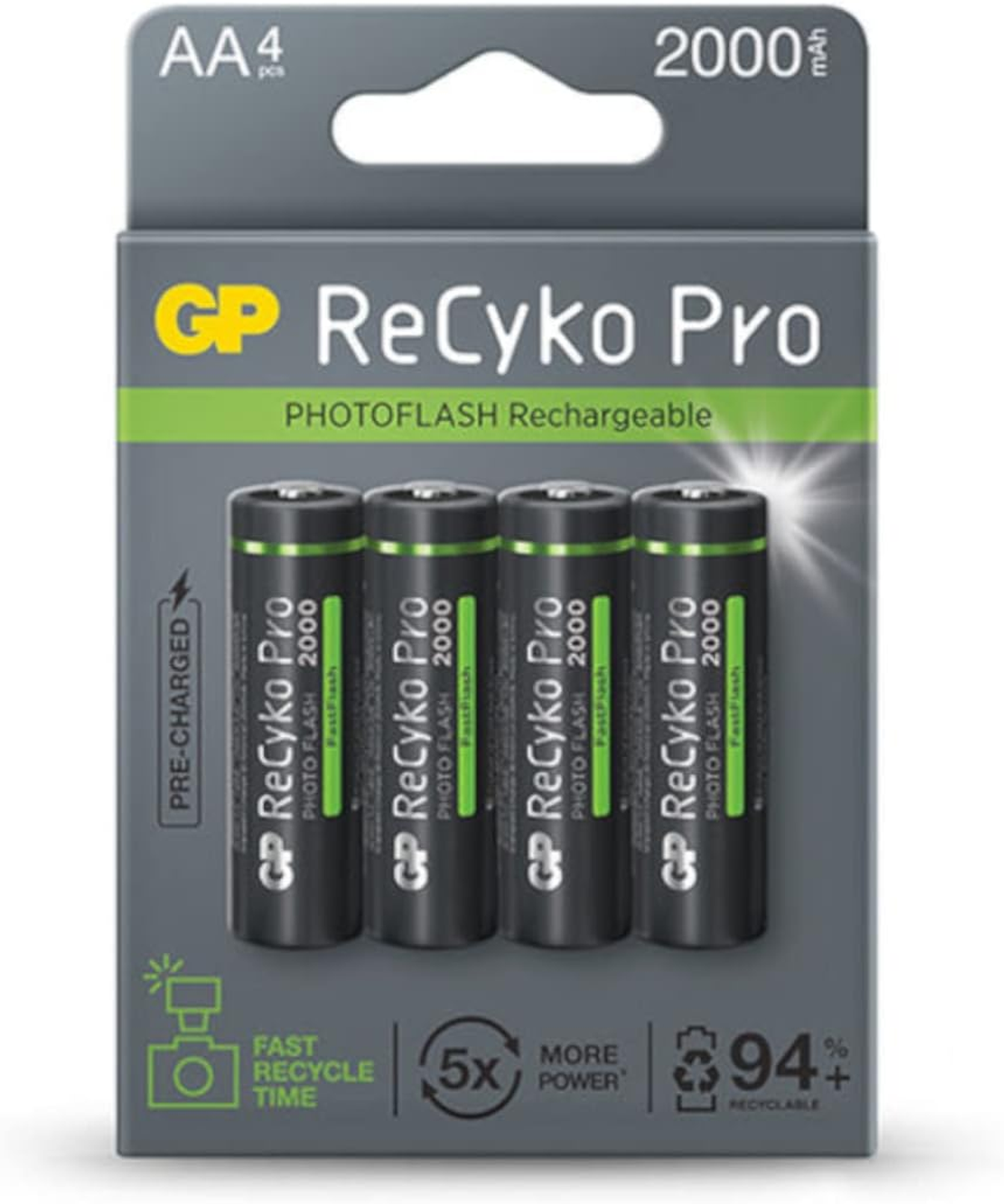 Confezione di quattro batterie AA GP ReCyko Pro. Batterie nere, etichetta verde, in confezione grigia e verde.