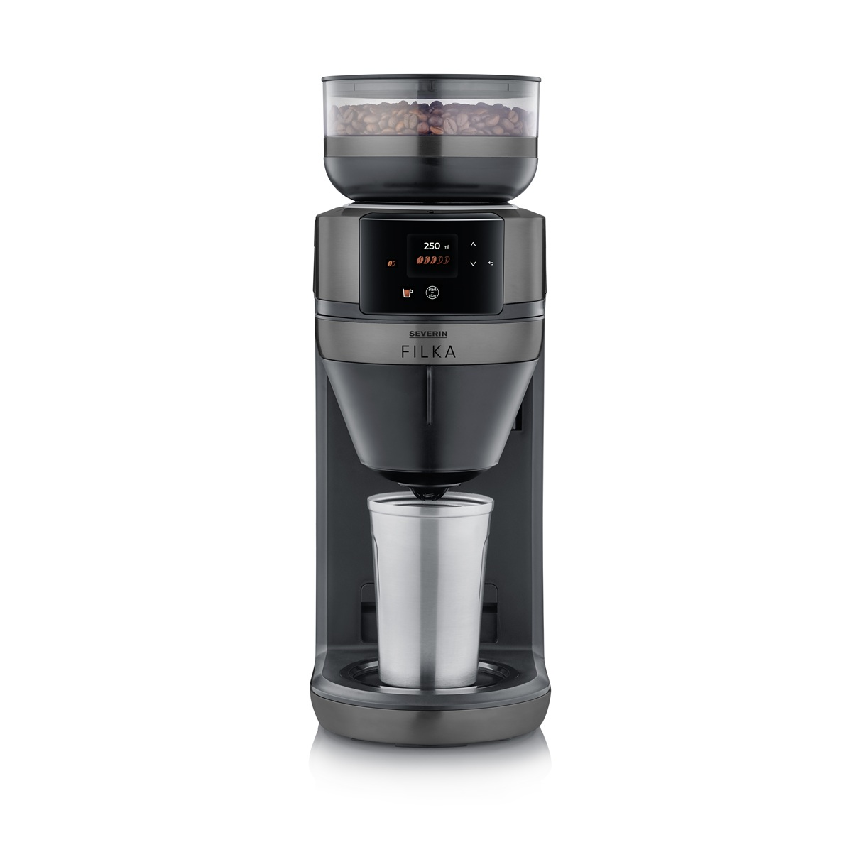 Una cafetera con un recipiente de frijoles en la parte superior y una taza de acero inoxidable abajo, en gris oscuro.