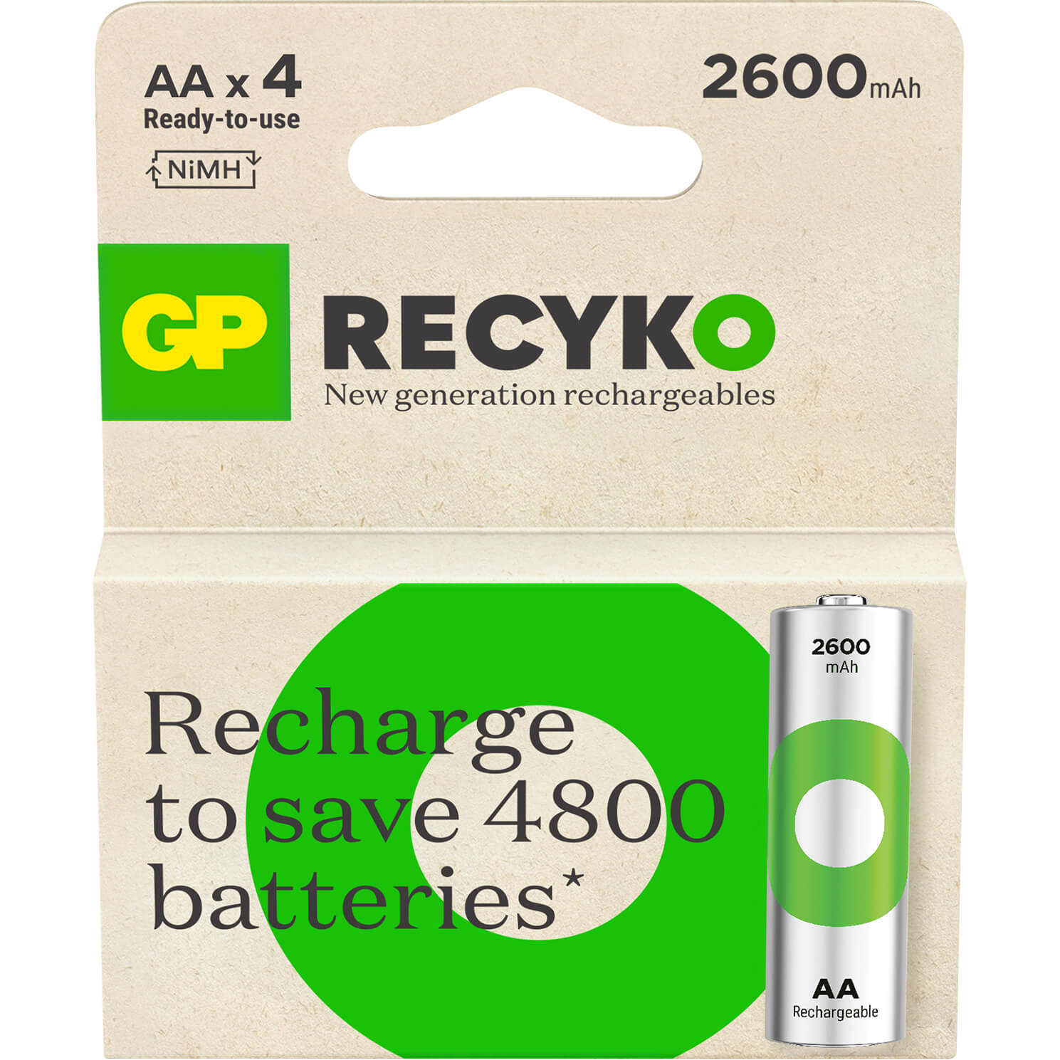 Una confezione di batterie ricaricabili AA GP Recyko. Etichetta verde e bianca, cerchio verde.