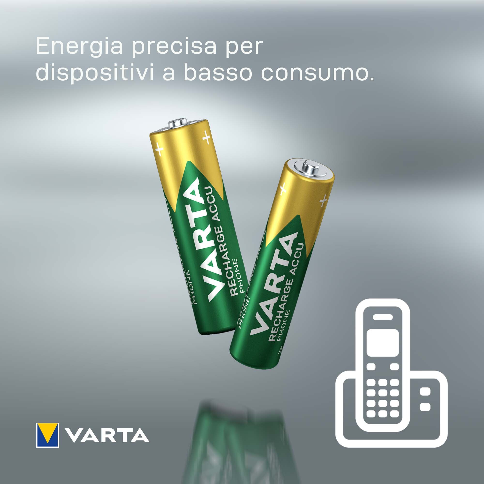 Zwei goldene und grüne Batterien mit einem Telefon-Symbol. Text 'VARTA' und 'RECHARGE ACCU'.