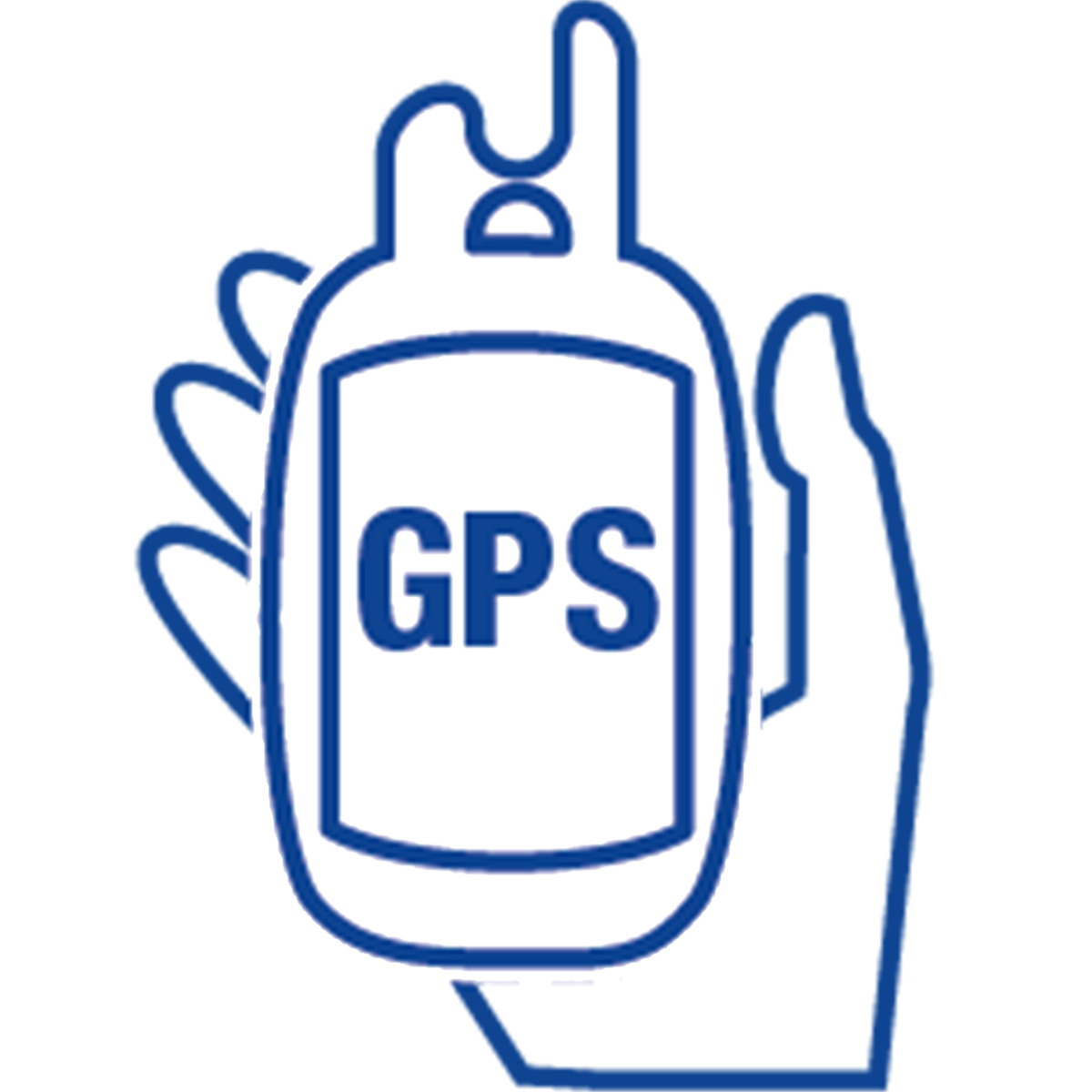 Niebieska ikona lokalizatora GPS. To dłoń trzymająca urządzenie z napisem GPS.