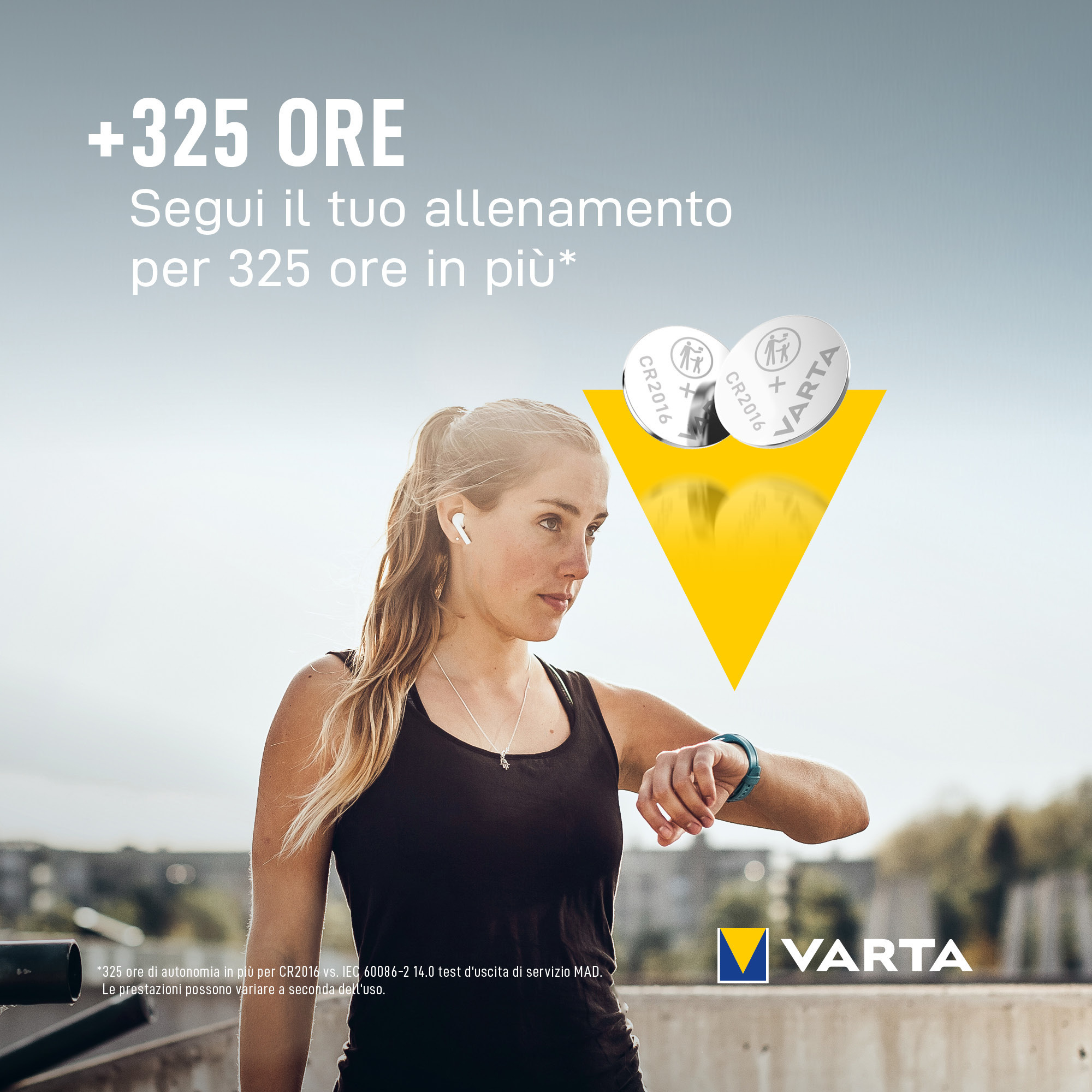 Woman checking smartwatch. Two batteries with text and yellow triangle. Varta logo at the bottom.