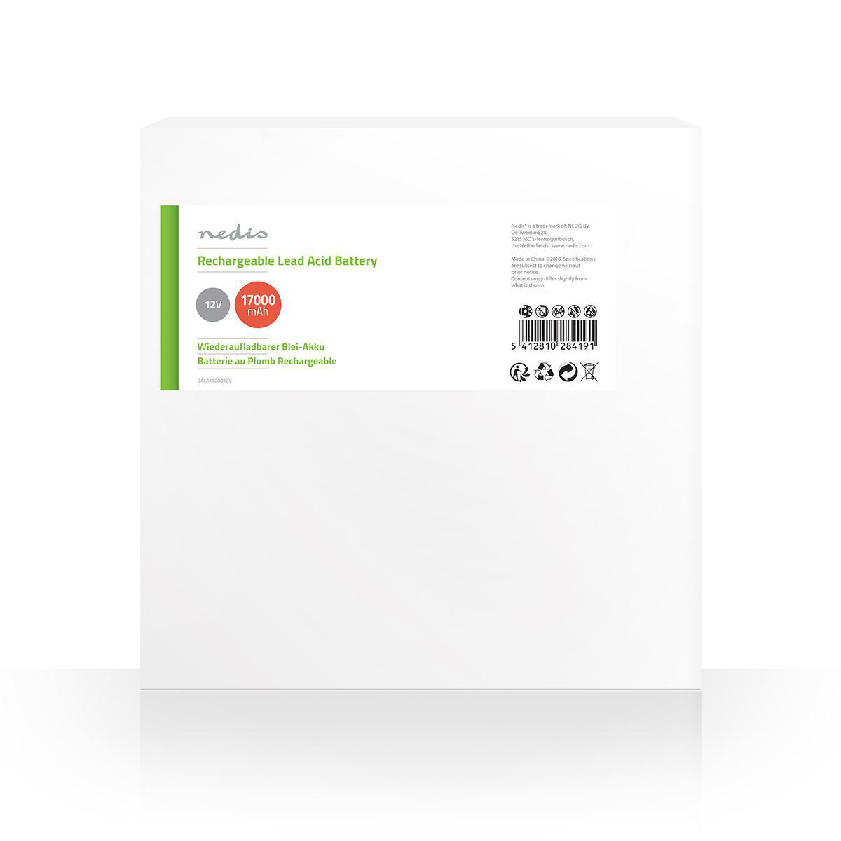 Un pacco batteria bianco con un'etichetta Nedis che mostra le specifiche, su sfondo bianco.