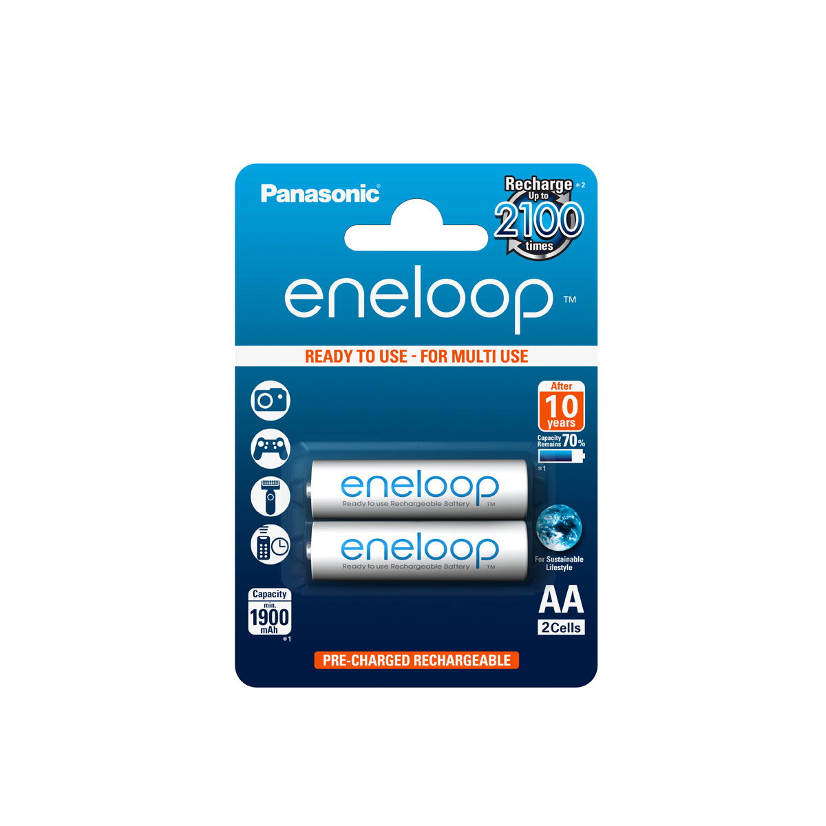 Packung mit zwei AA eneloop Akkus, blau und weiß mit Text und Symbolen.