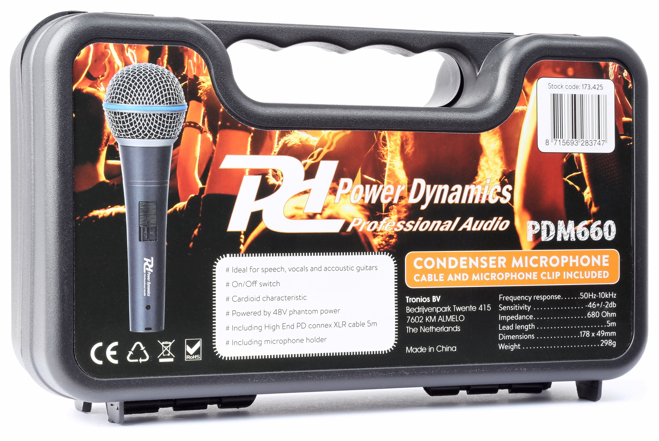 Czarny mikrofon Power Dynamics w futerale. Mikrofon jest widoczny.