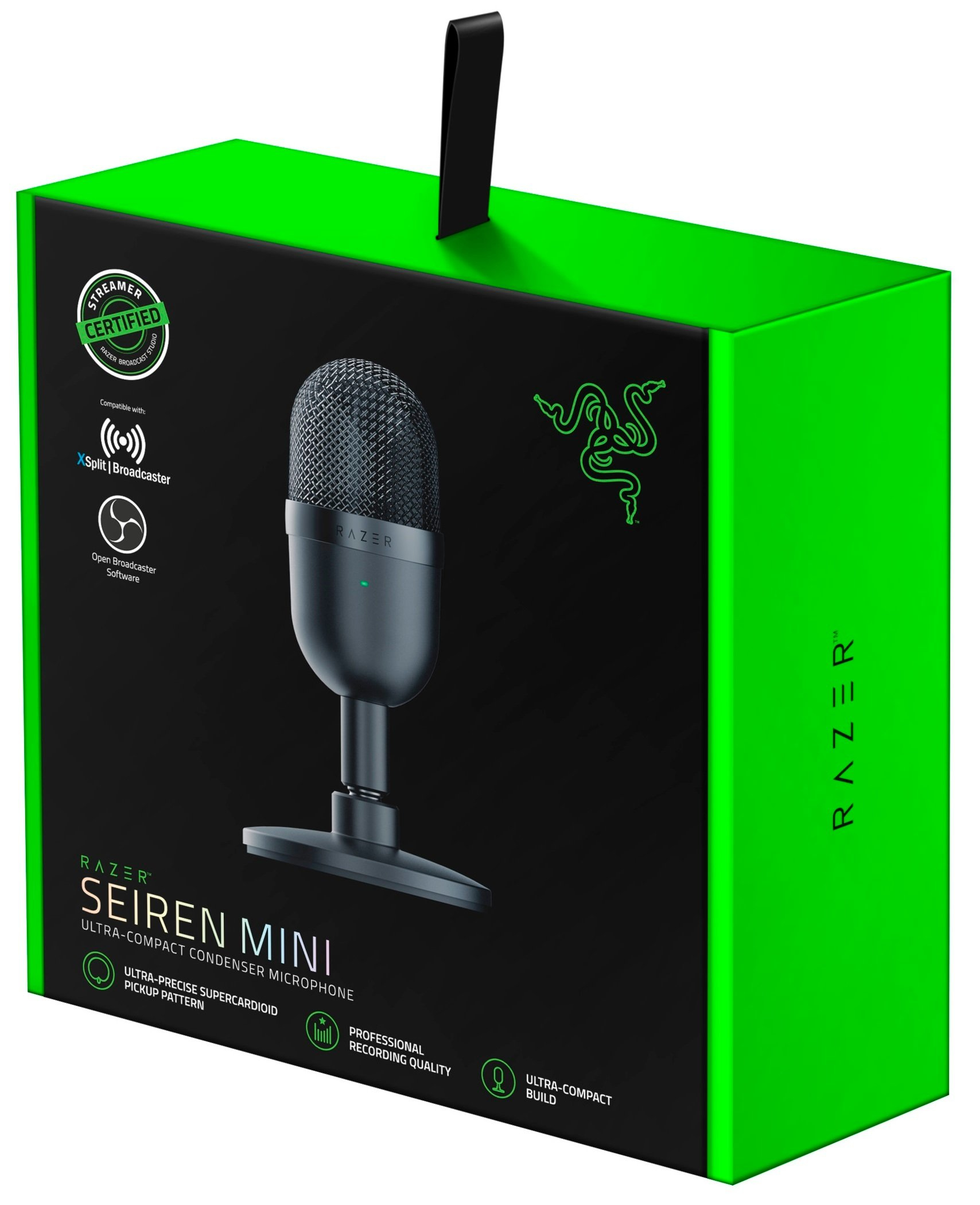 Mikrofon Razer Seiren Mini w pudełku. Zielone pudełko z czarnym mikrofonem.