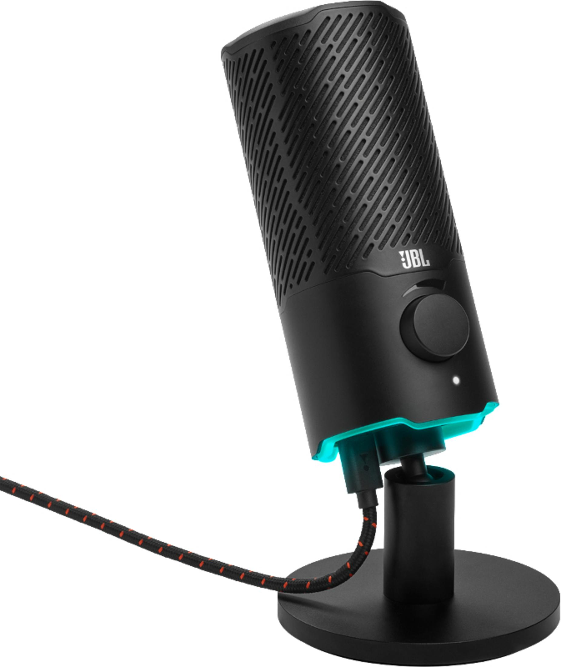 Microfono JBL nero su supporto, con base blu luminosa e manopola del volume.