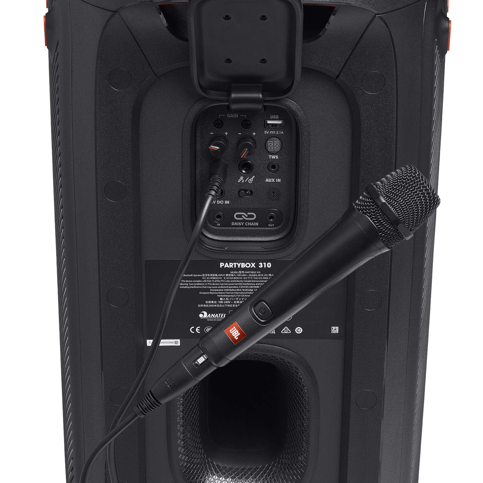 Retro di un altoparlante JBL PartyBox 310 nero con microfono e cavi.