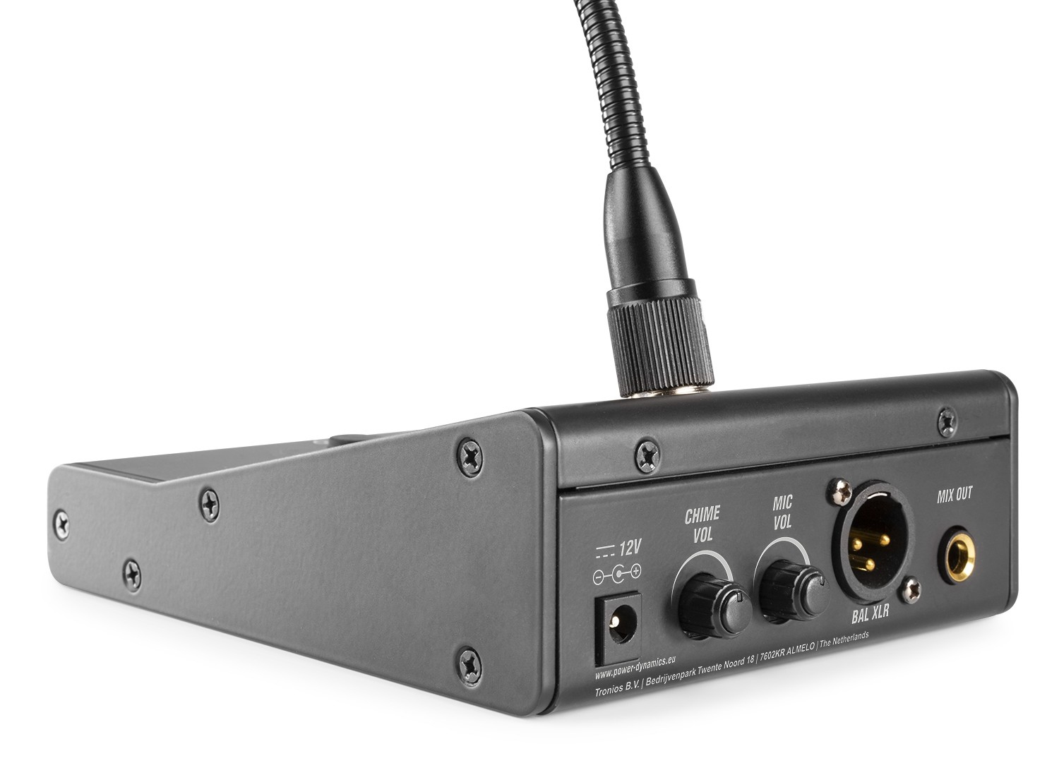 Czarna podstawa mikrofonu z mikrofonem na gęsiej szyi i kontrolkami. Białe tło.