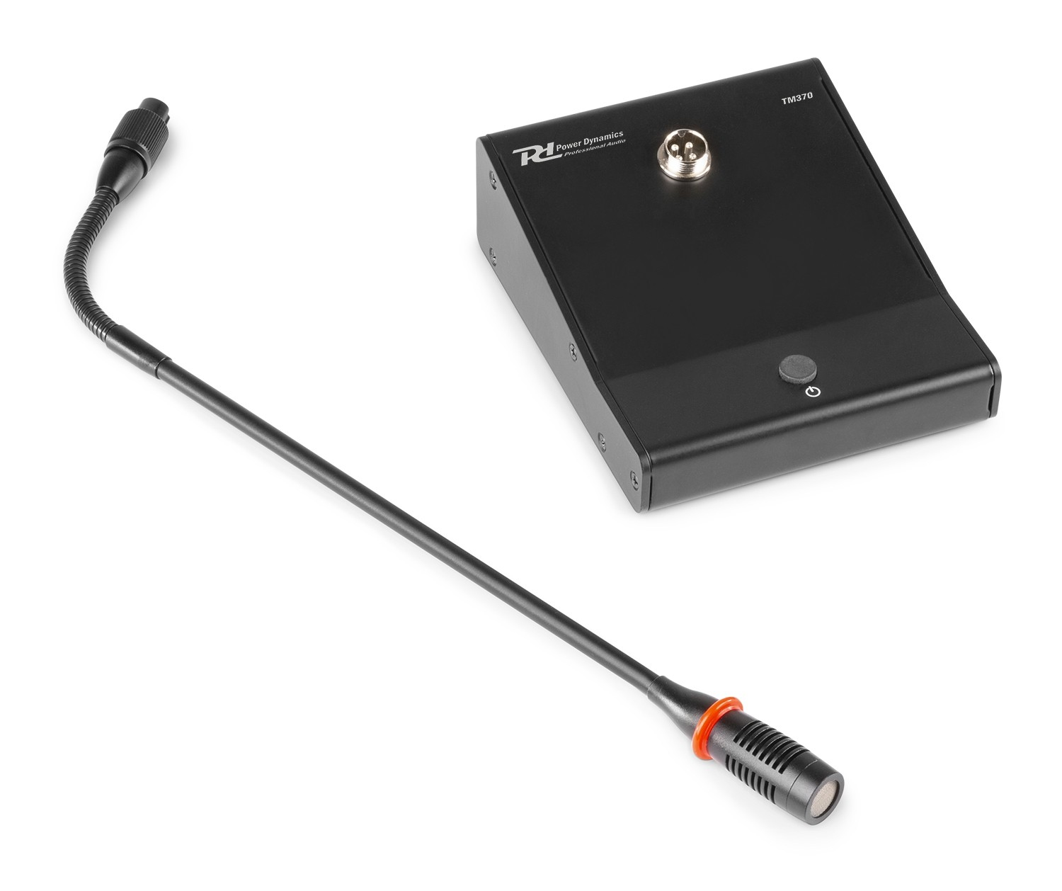 Czarny mikrofon i statyw z elastyczną szyją na białej powierzchni.