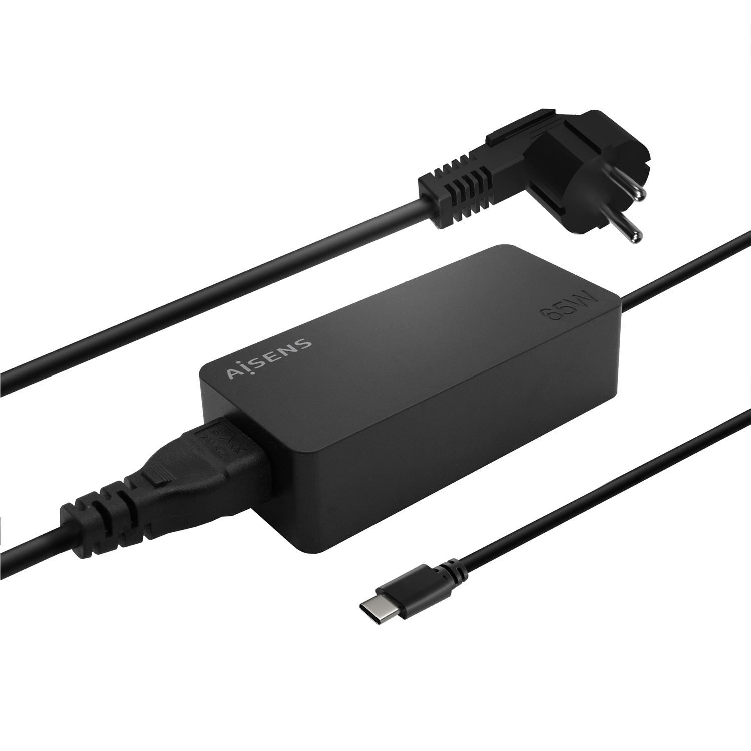 Cargador negro con etiqueta de 65W, enchufe y cable USB-C.