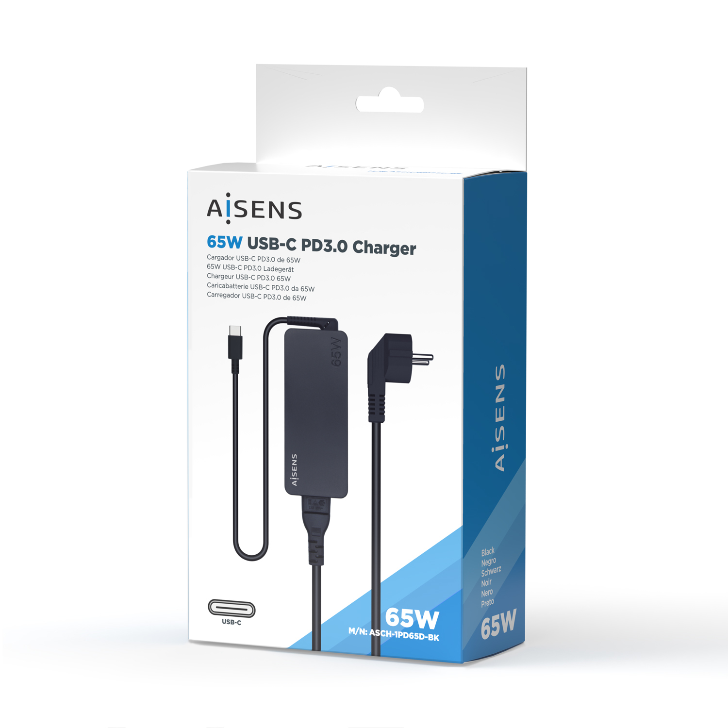 Un cargador negro en caja con un cable USB-C, etiquetado con '65W USB-C PD3.0 Charger' y 'AiSENS'.