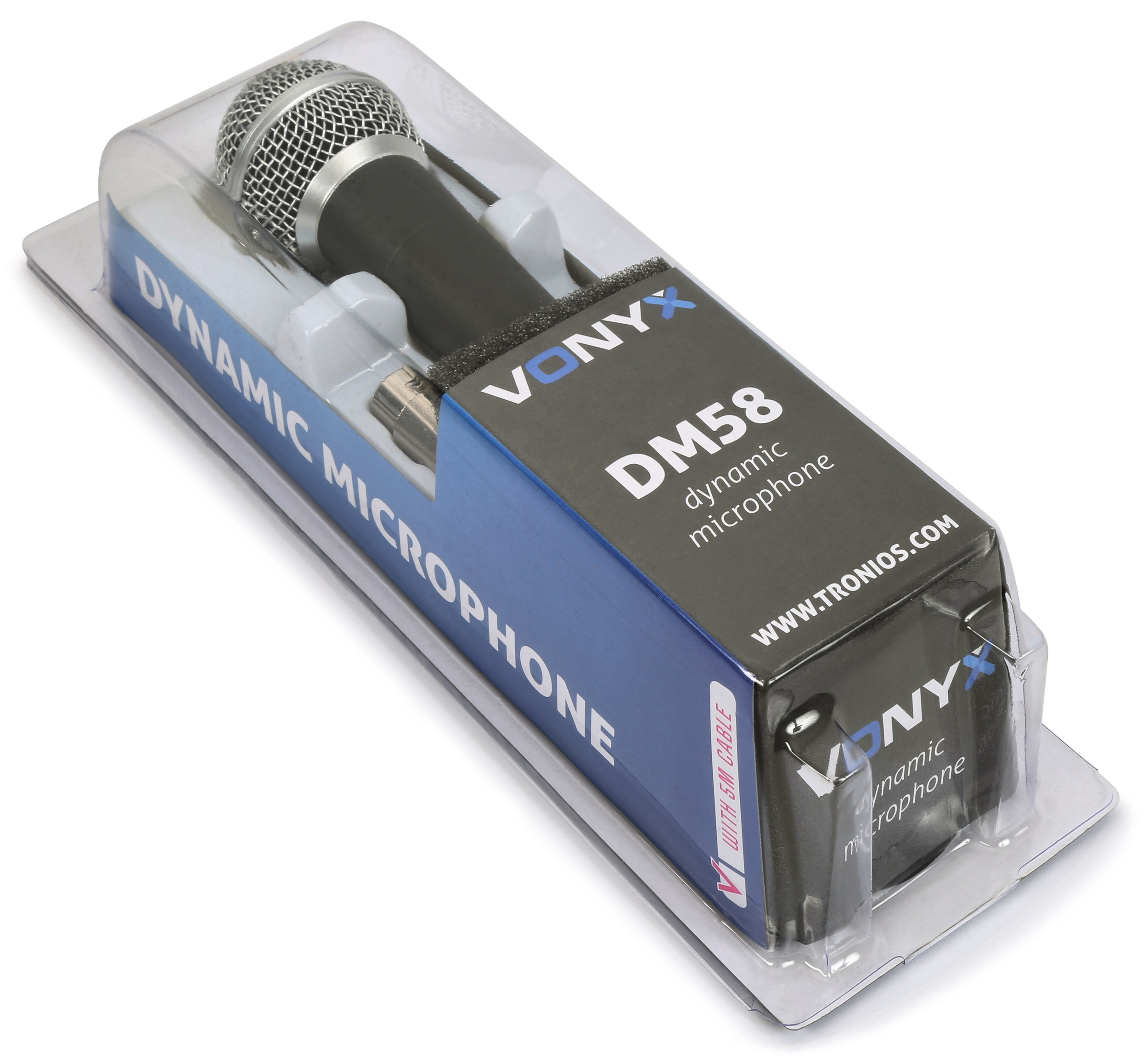 Een microfoon in een plastic hoesje. De doos heeft een blauw en zwart ontwerp.