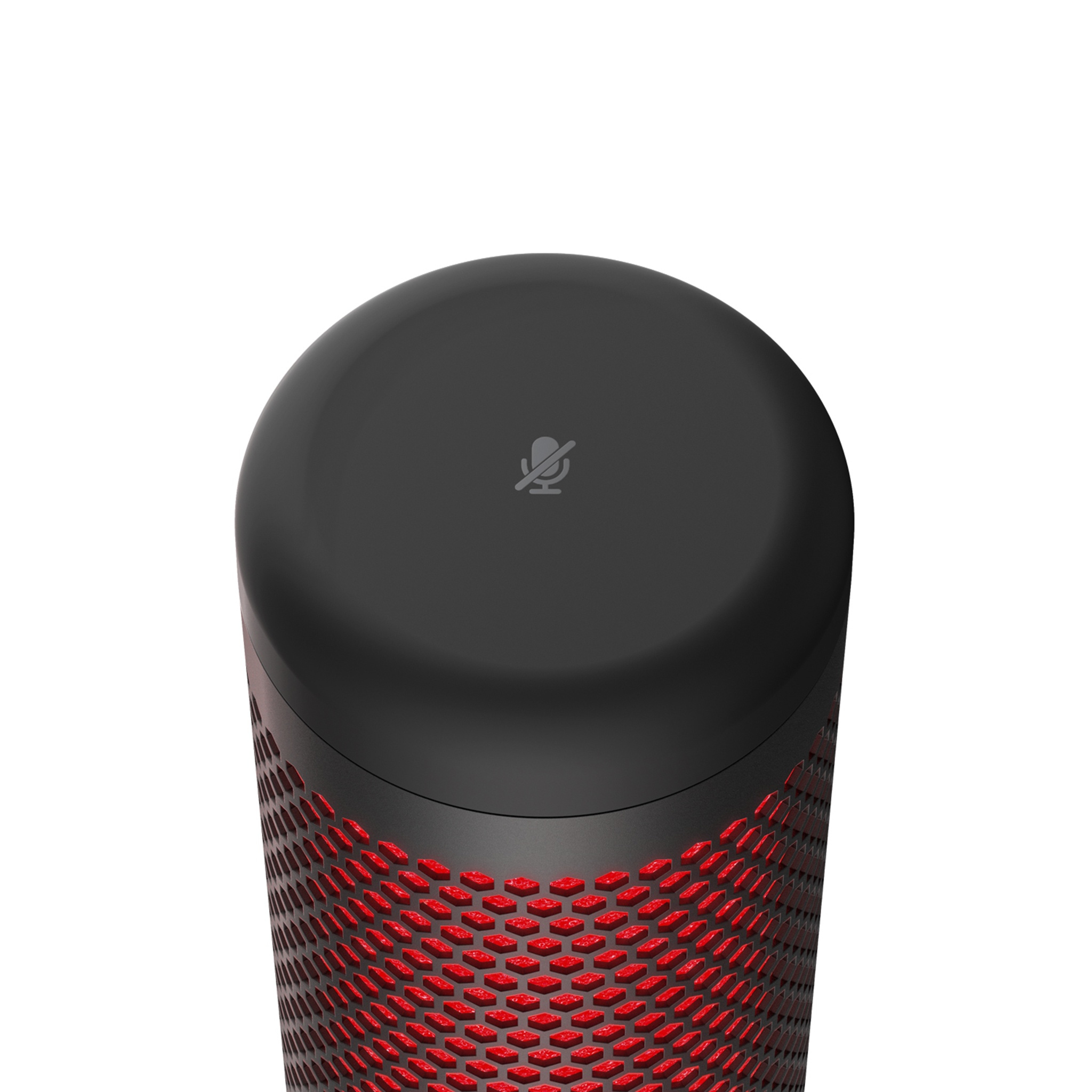 Nahaufnahme eines schwarz-roten Smart Speakers mit einem Mikrofon-Symbol oben.