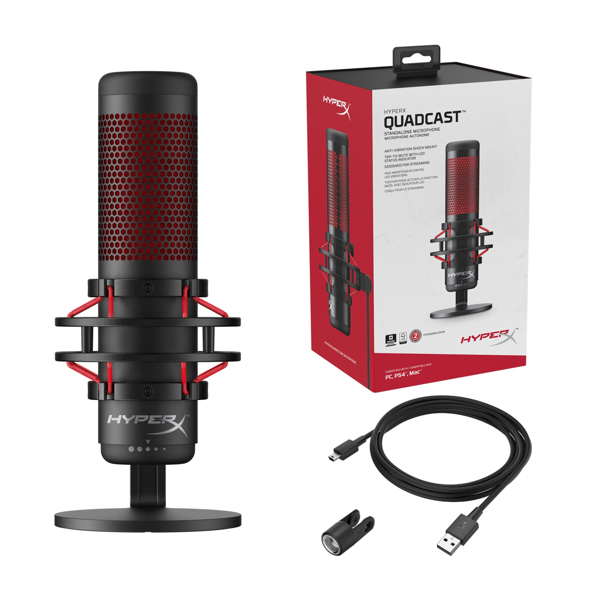 HyperX Quadcast Mikrofon, schwarz und rot. Daneben die Box und ein USB-Kabel.