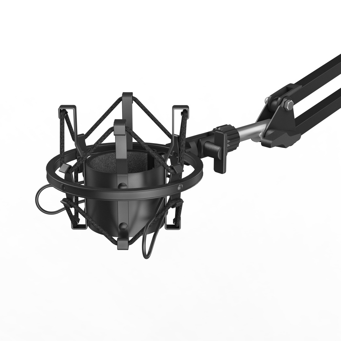 Schwarzes Mikrofon in einer Halterung, an einem schwarzen Arm, auf weißem Hintergrund.