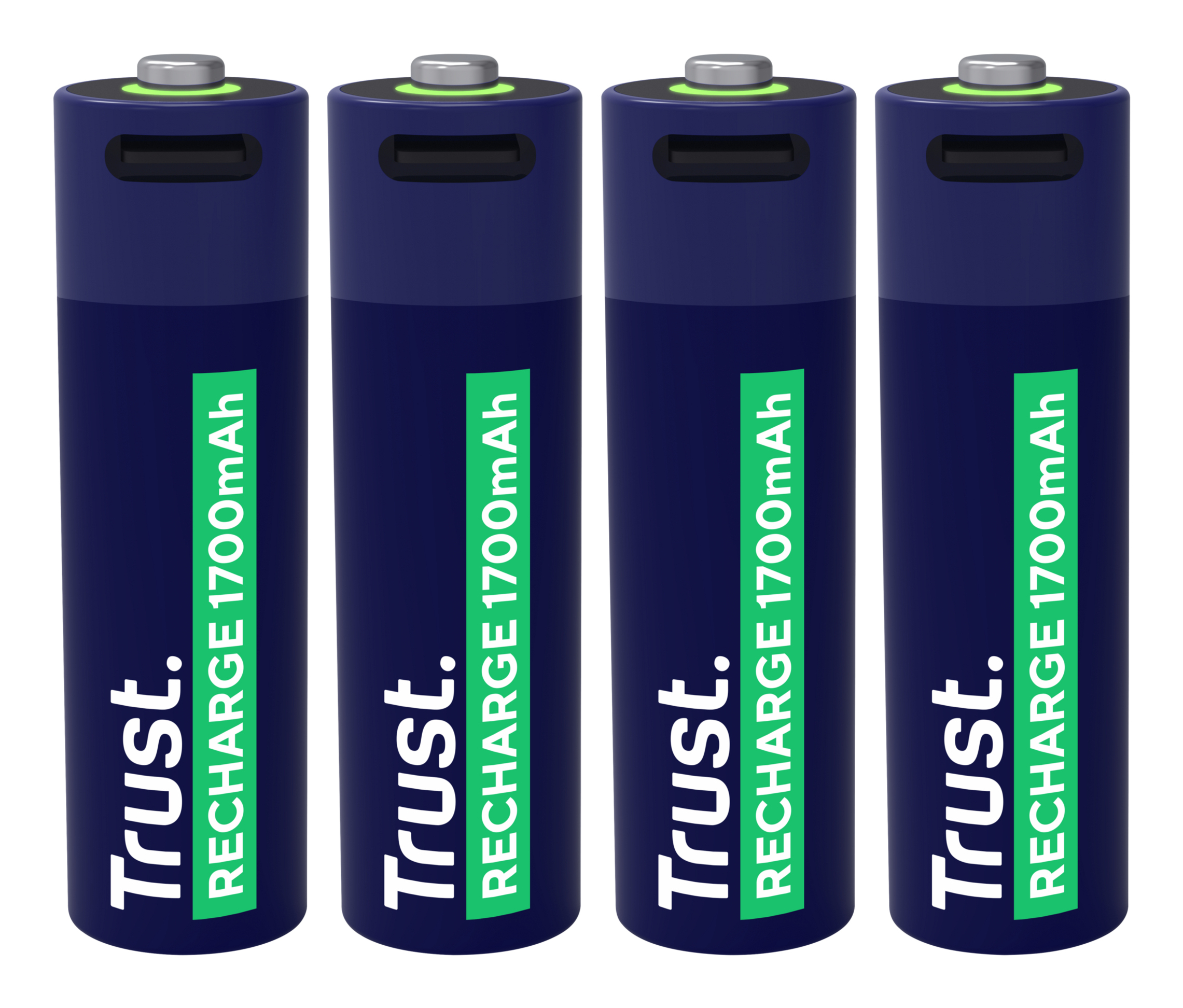 Quattro batterie ricaricabili blu sono esposte su sfondo bianco. Ognuna ha un'etichetta verde con testo.